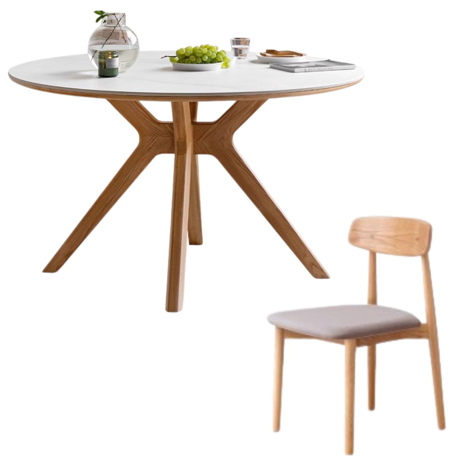 Oak solid Wood Round Nordic dining table with rock slab surface,