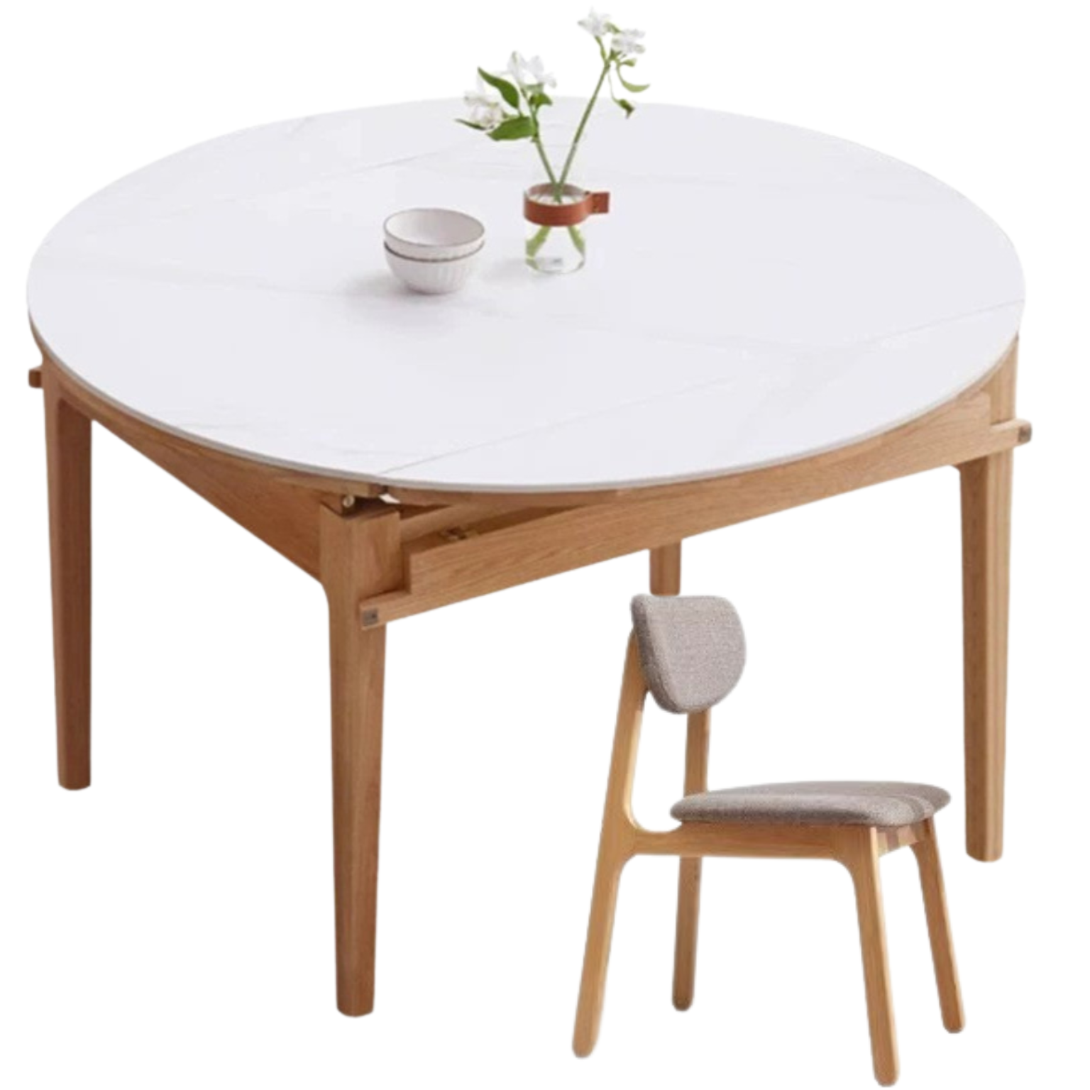 Oak solid wood folding round retractable dining table