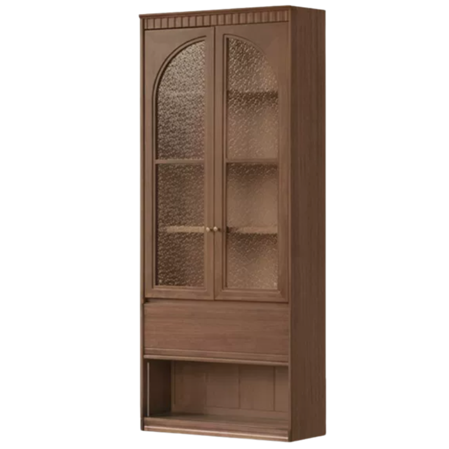Black Walnut, Solid Sandalwood Arched Vintage Bookcase with Glass Door and Storage Drawer
