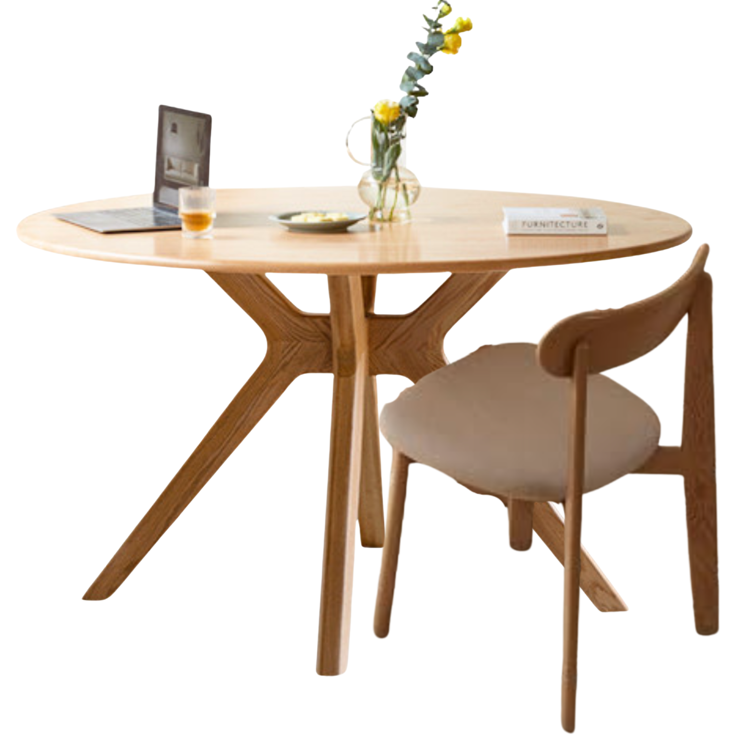 Black Walnut, Oak Solid Wood Round Dining Table with X-Shape Crossed Legs