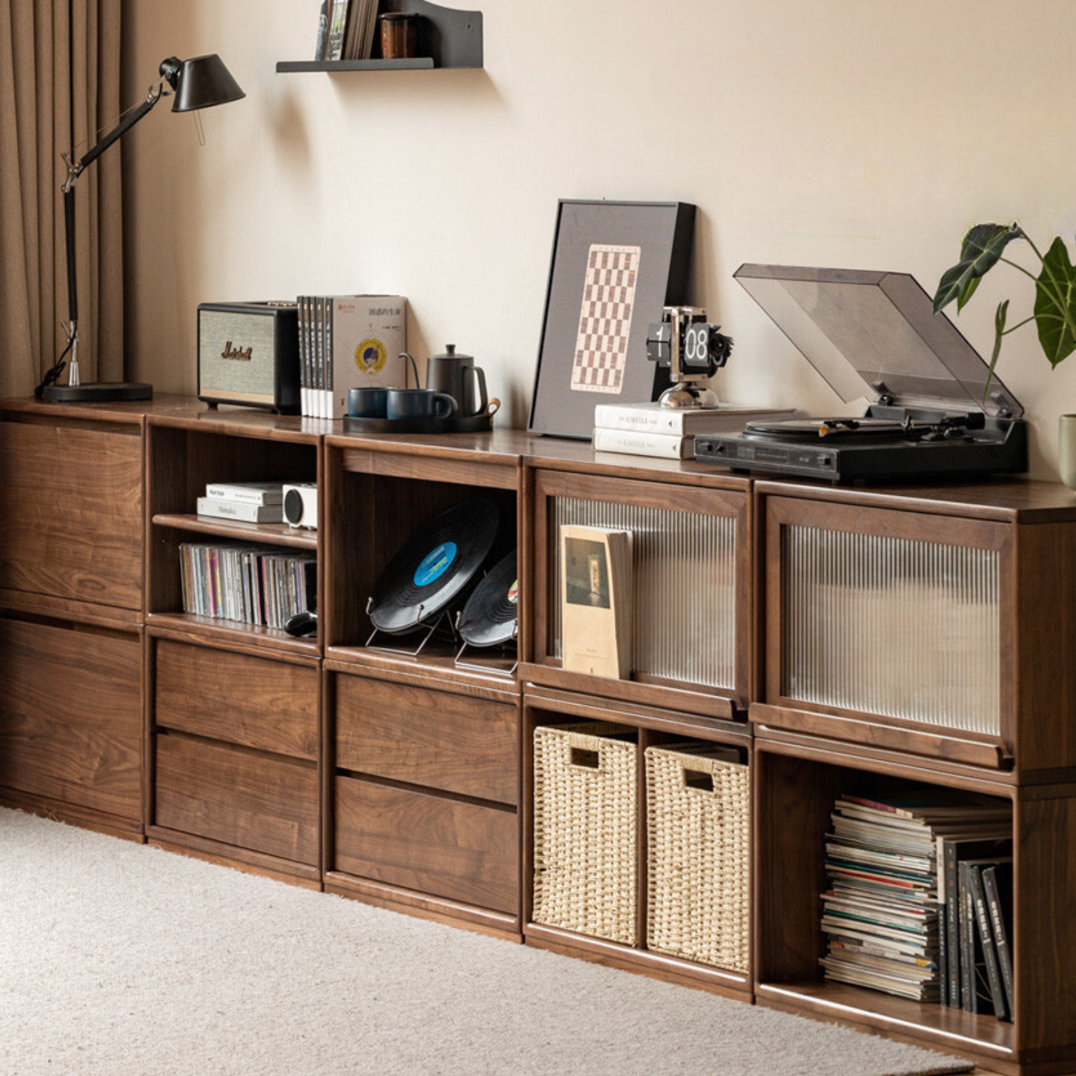 Black walnut Solid wood TV cabinet modern module combination storage<