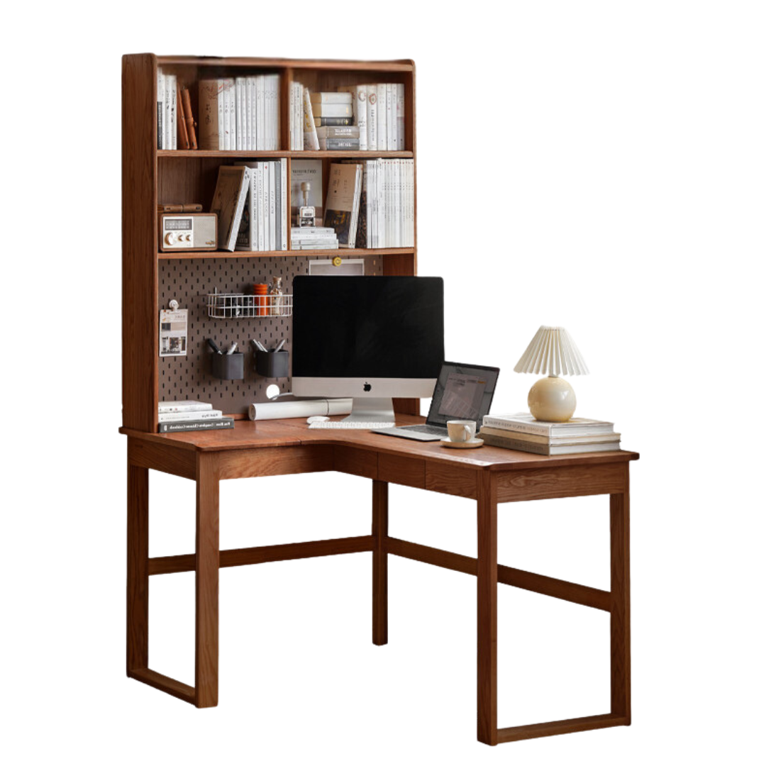 Black Walnut, Oak Solid Wood Corner Desk Bookshelf