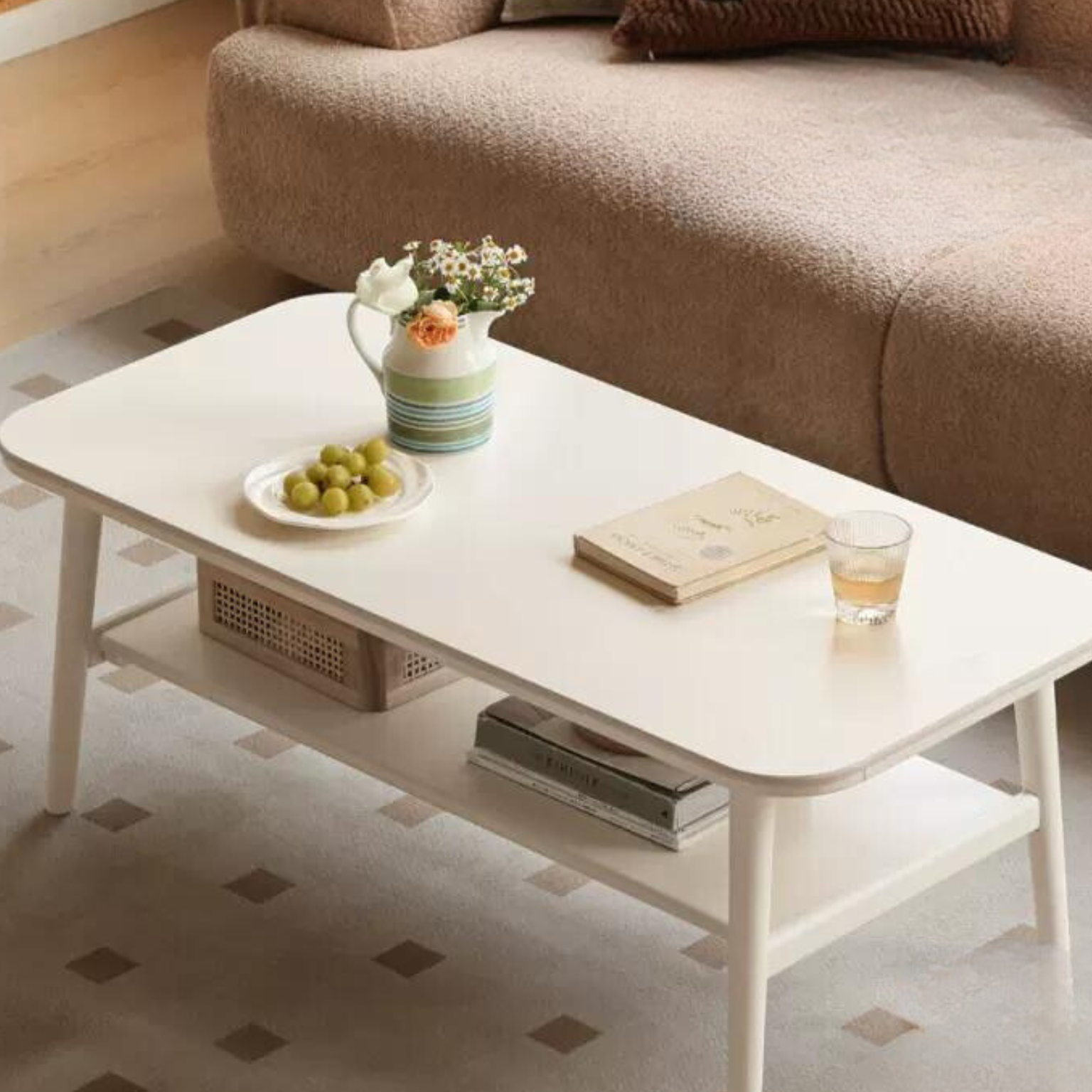 Poplar solid wood white cream style rock board coffee table