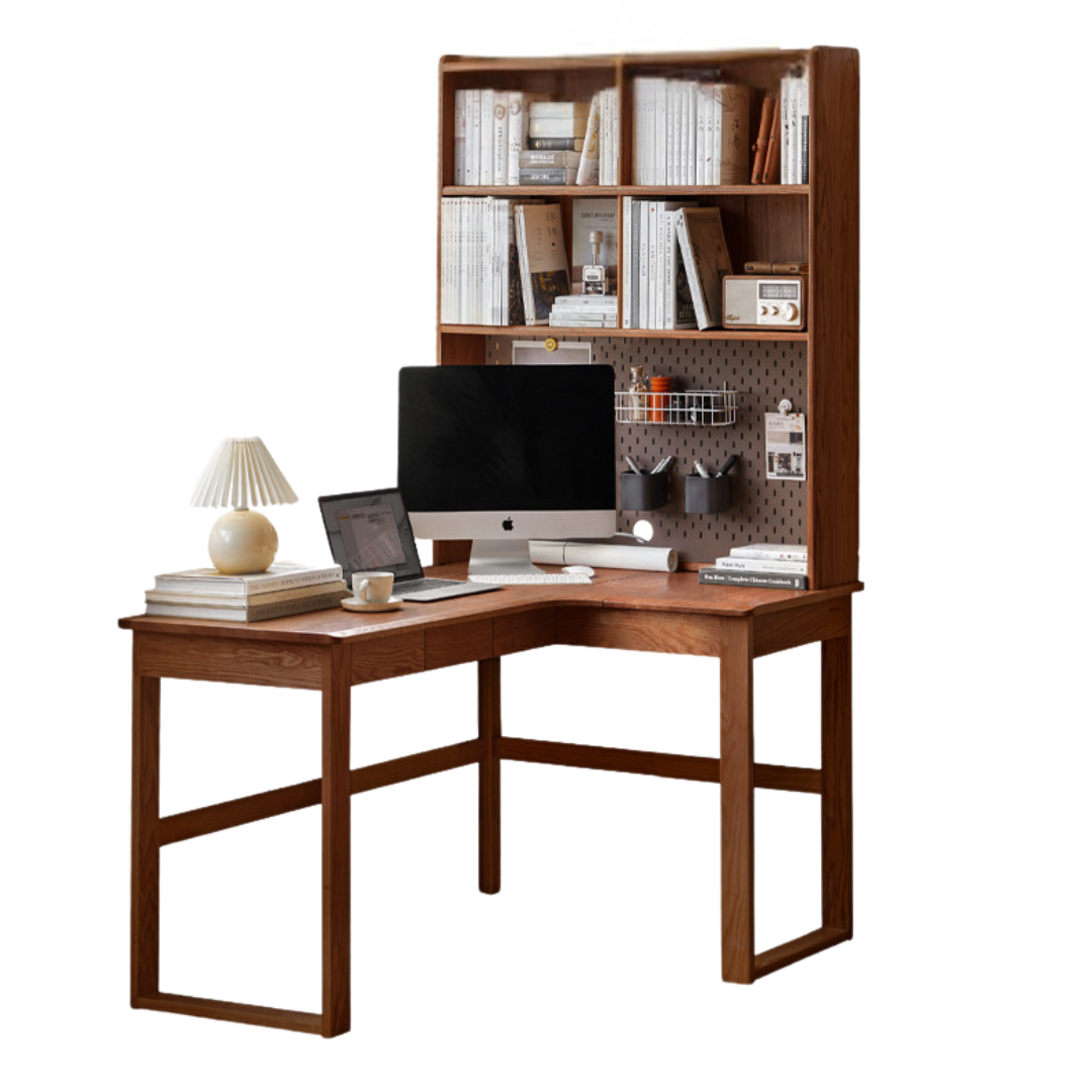 Black walnut, Oak Solid Wood Corner Desk Bookshelf