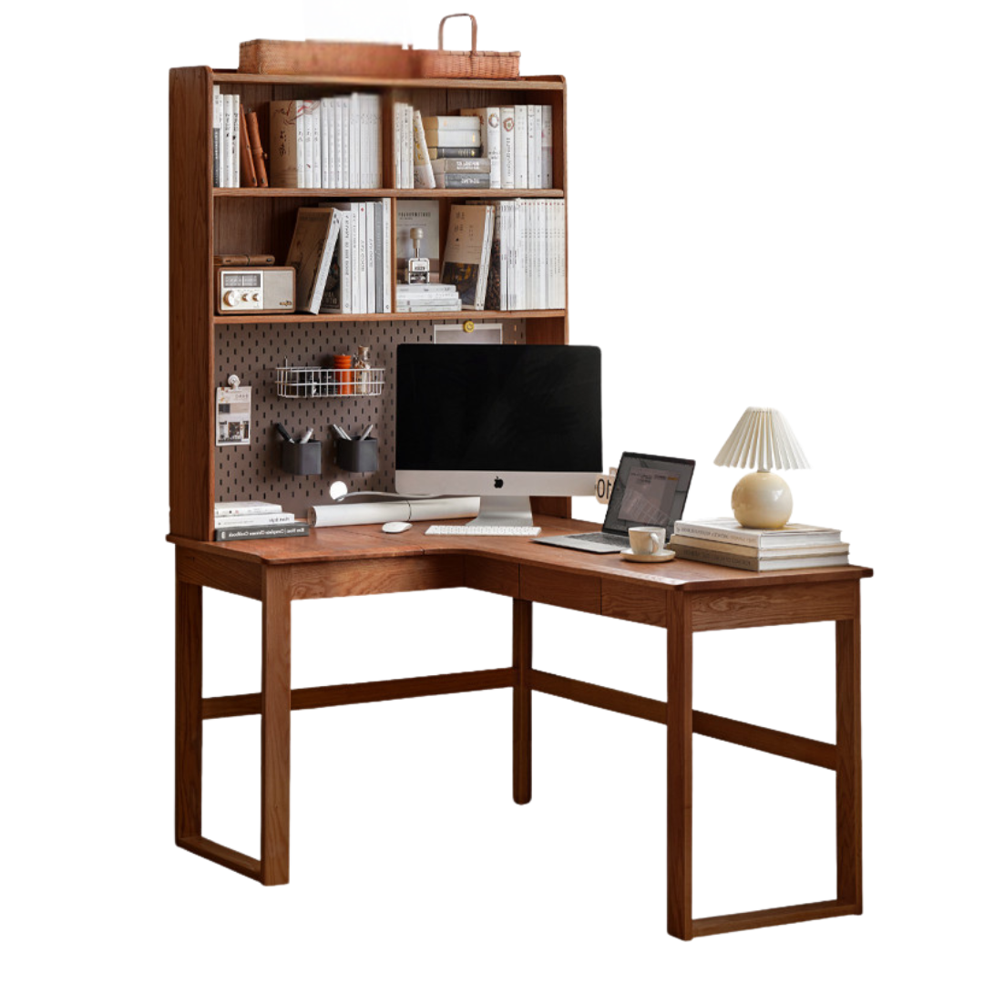 Black Walnut, Oak Solid Wood Corner Desk Bookshelf