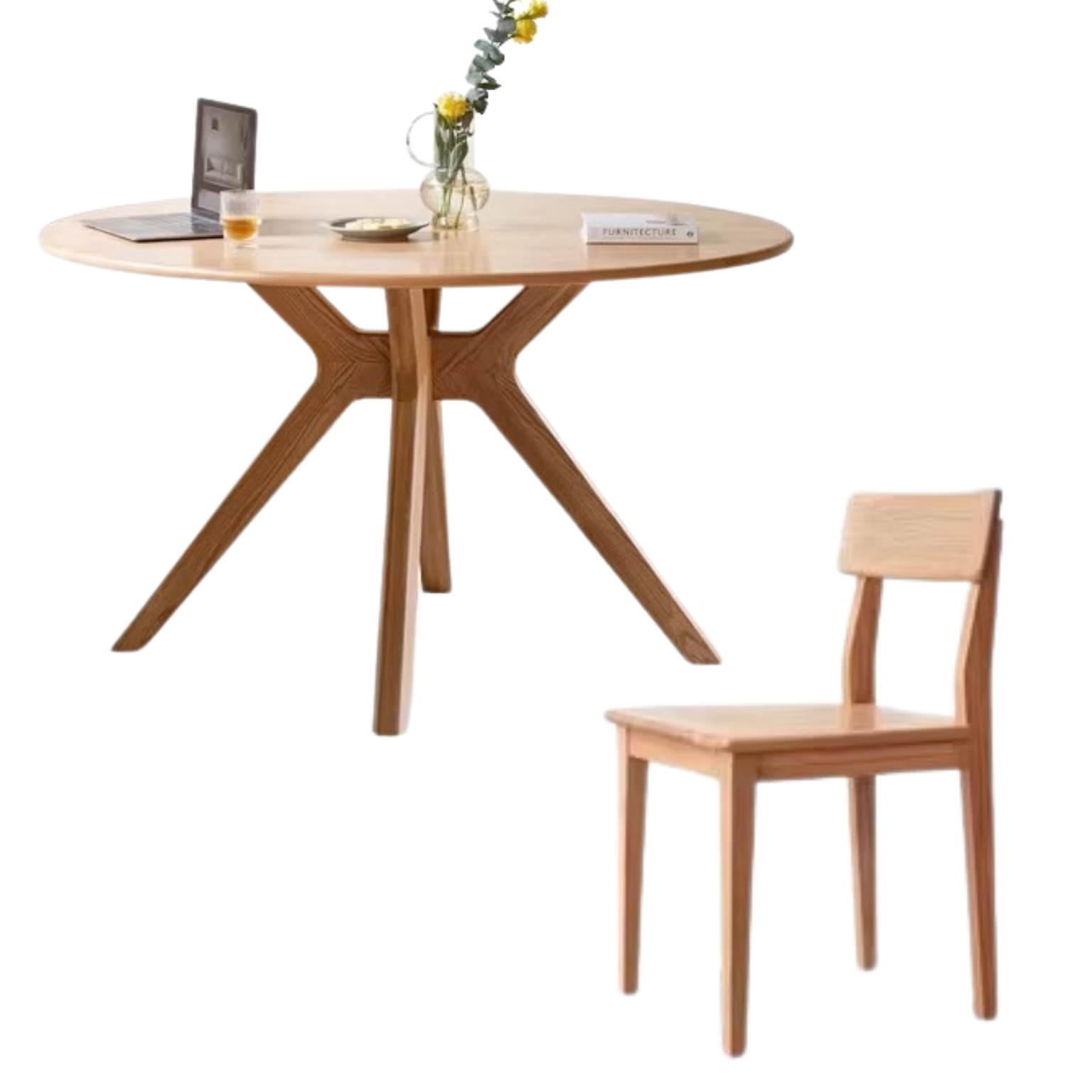 Oak solid Wood Round Nordic dining table with rock slab surface,