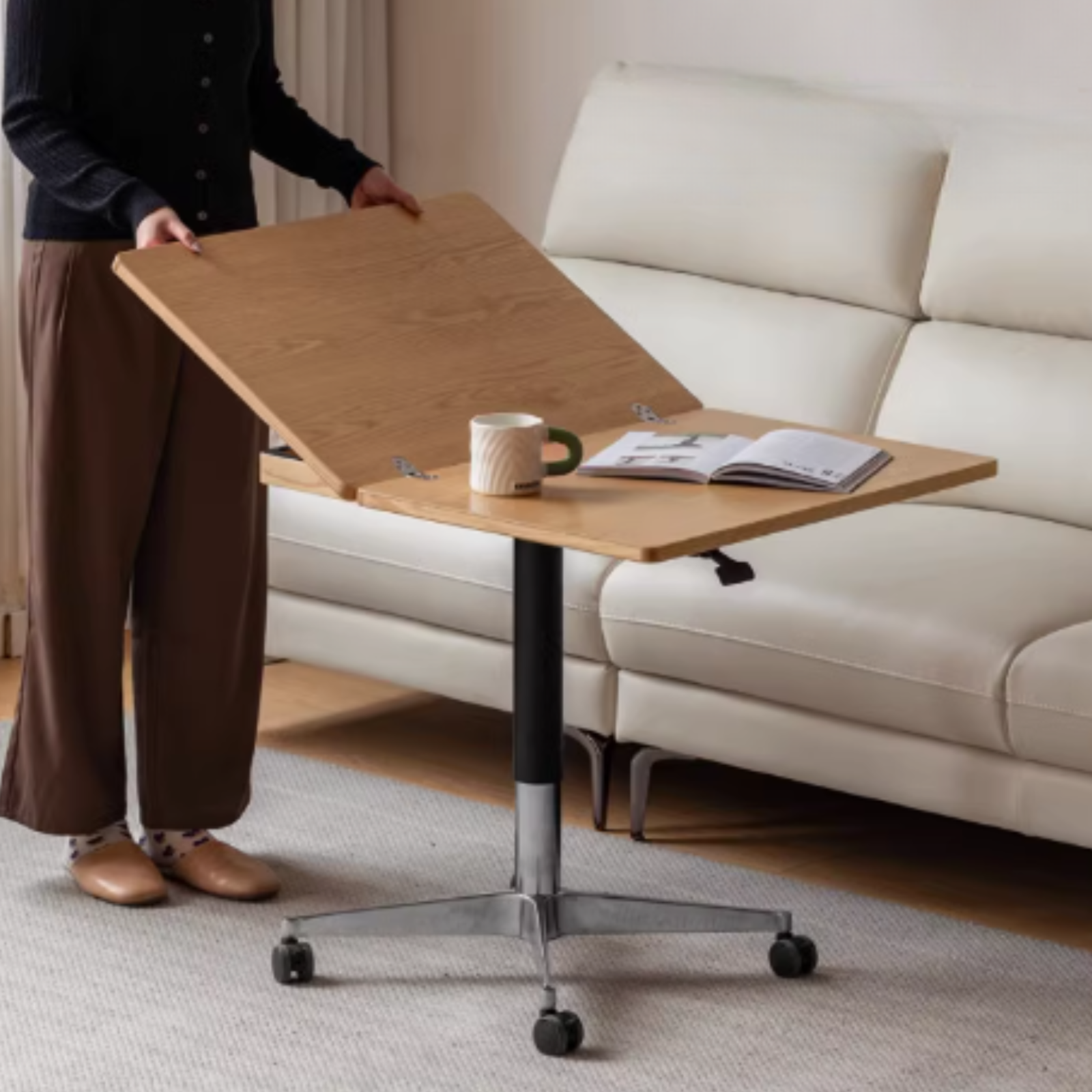 Black Walnut, Oak Solid Wood Lifting Modern Mobile Coffee Table.