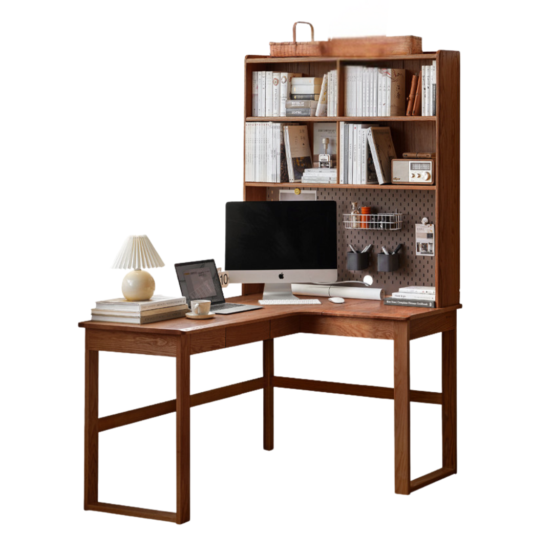 Black walnut, Oak Solid Wood Corner Desk Bookshelf