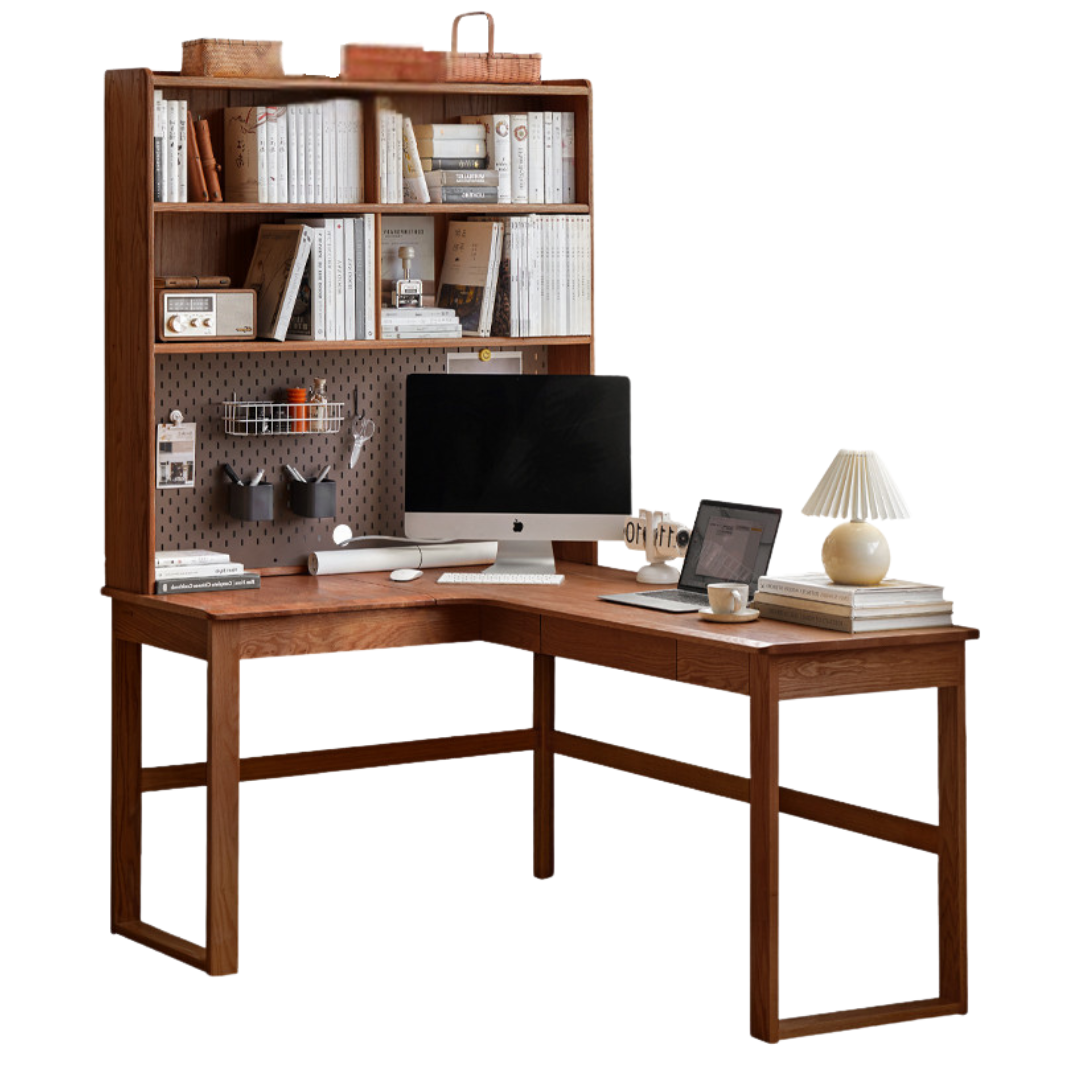 Black Walnut, Oak Solid Wood Corner Desk Bookshelf