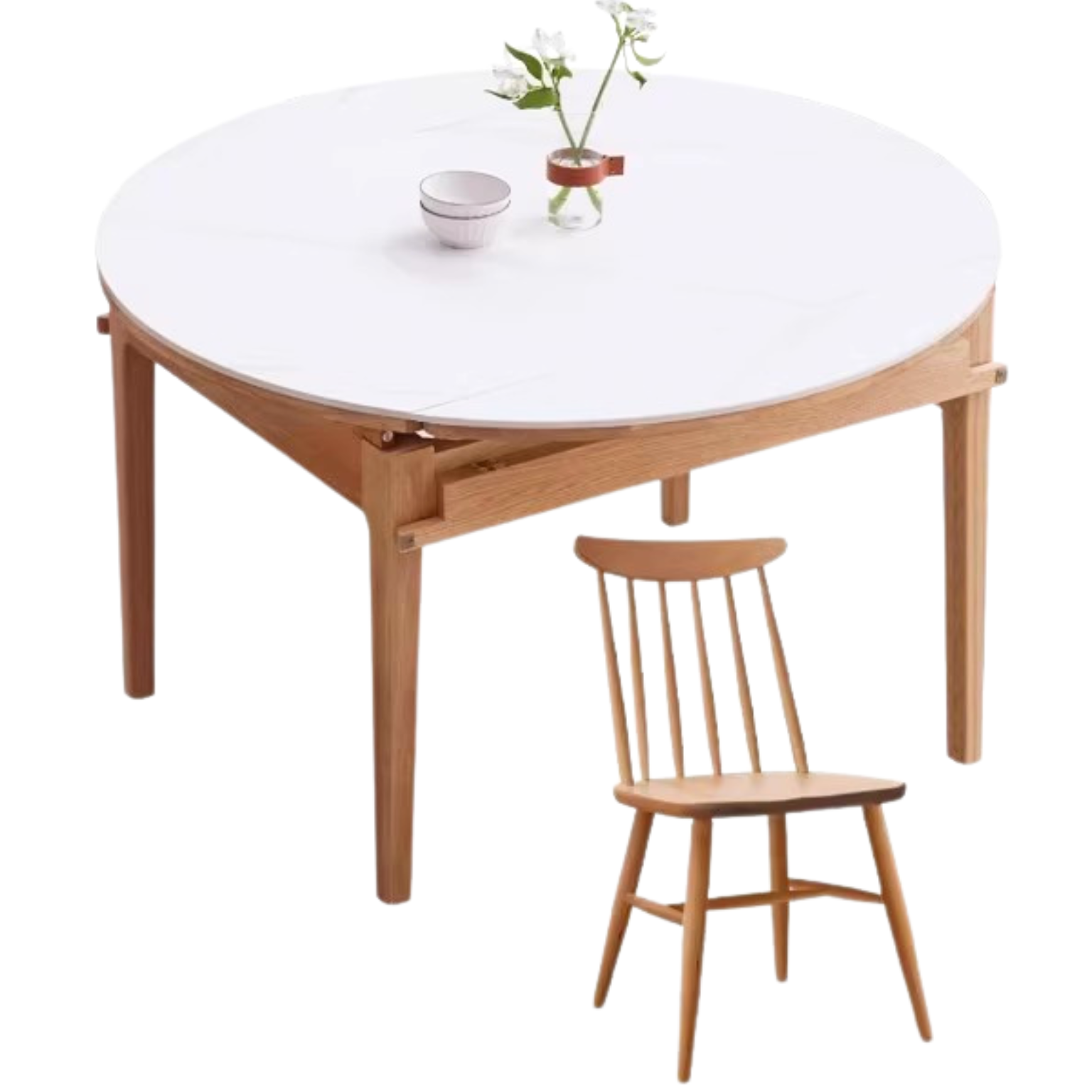 Oak solid wood Round folding dining table with rock slab surface,