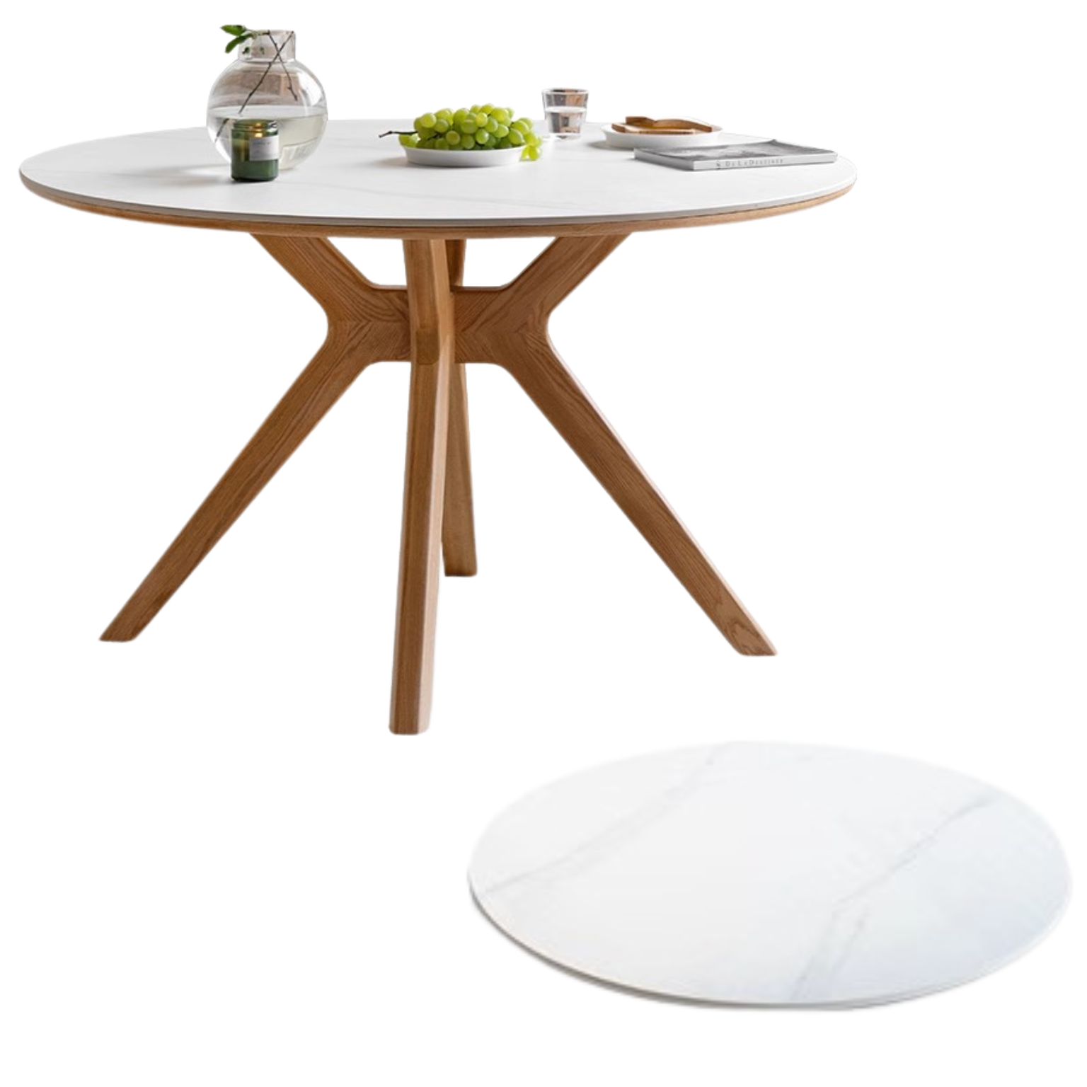 Oak solid Wood Round Nordic dining table with rock slab surface,