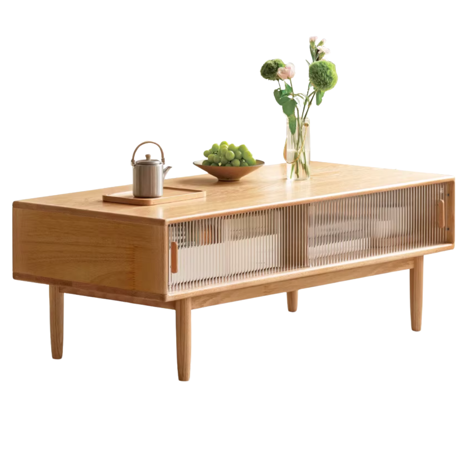 Oak, Beech, Solid Rubberwood Glass Doors Coffee Table