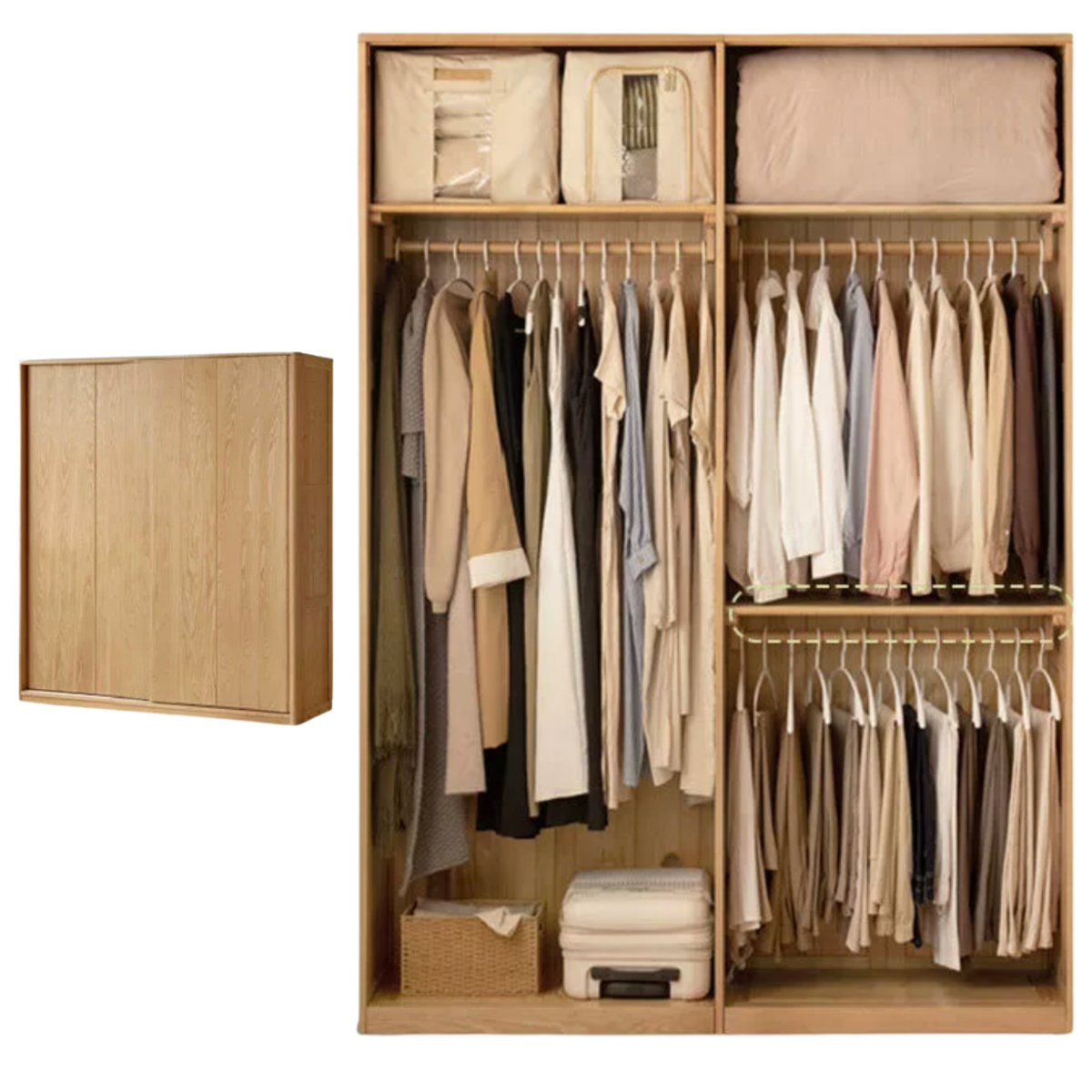 Ash Solid Wood Sliding Door Wardrobe with Built-In Shelves and Drawers