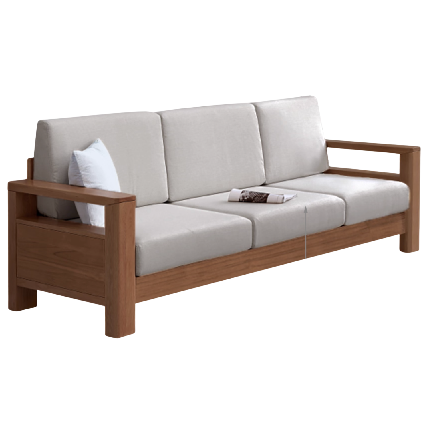Oak, Solid Rubberwood Walnut Color Fabric Sofa.