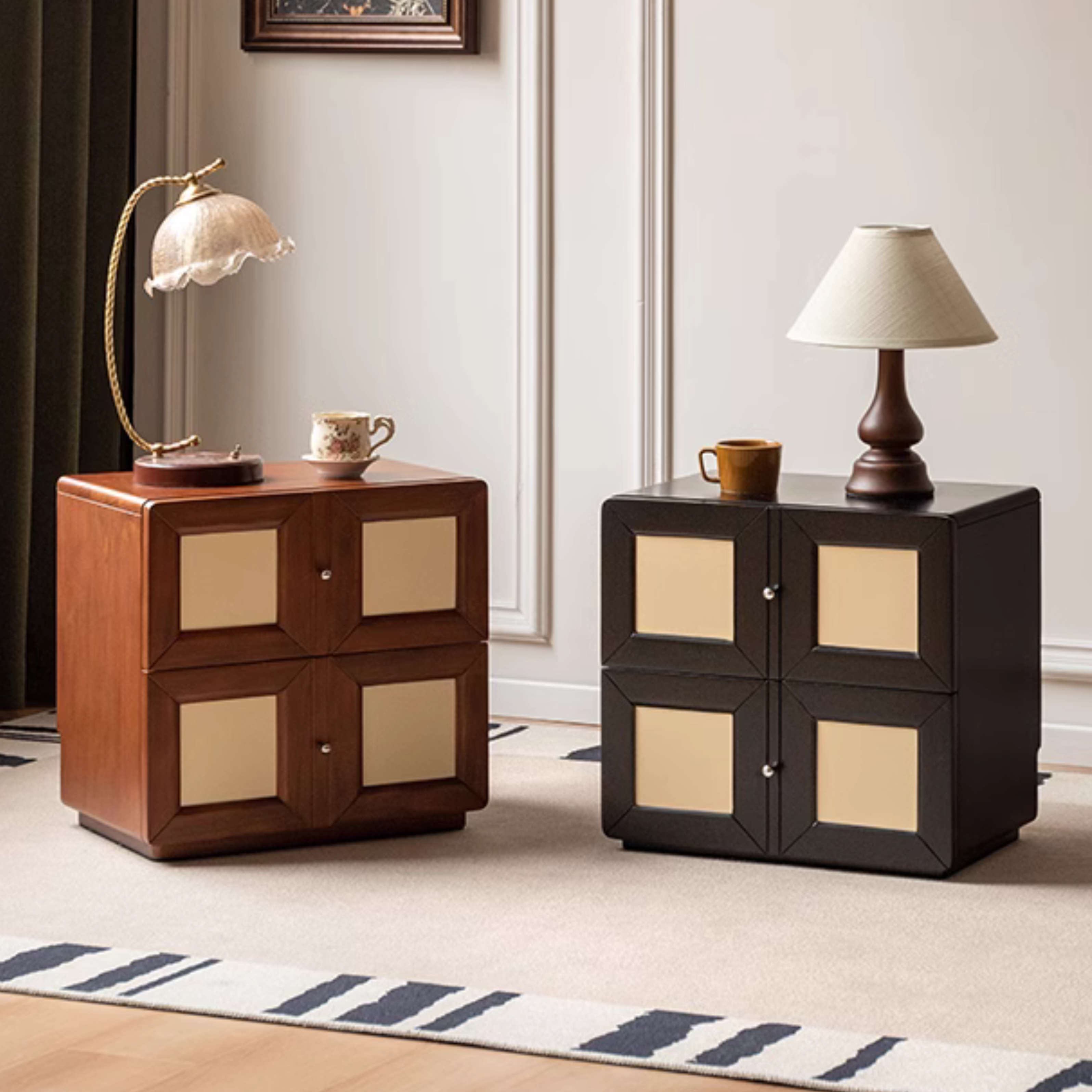 Solid Rubberwood, Poplar Solid Wood Middle-Aged Style Nightstand.