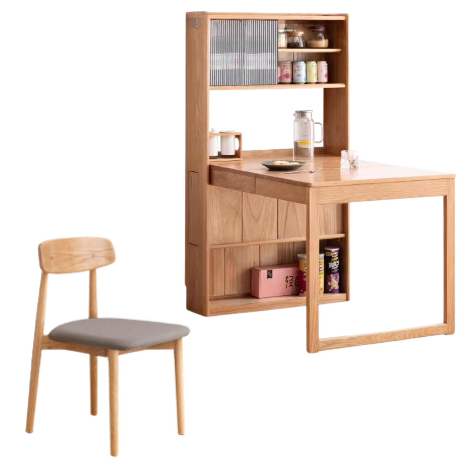 Oak solid wood retractable dining table + sideboard ,