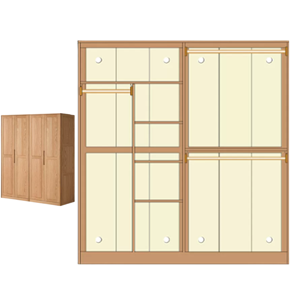 Oak Solid Wood narrow Wardrobe with Framed Panel Doors and Adjustable Layout