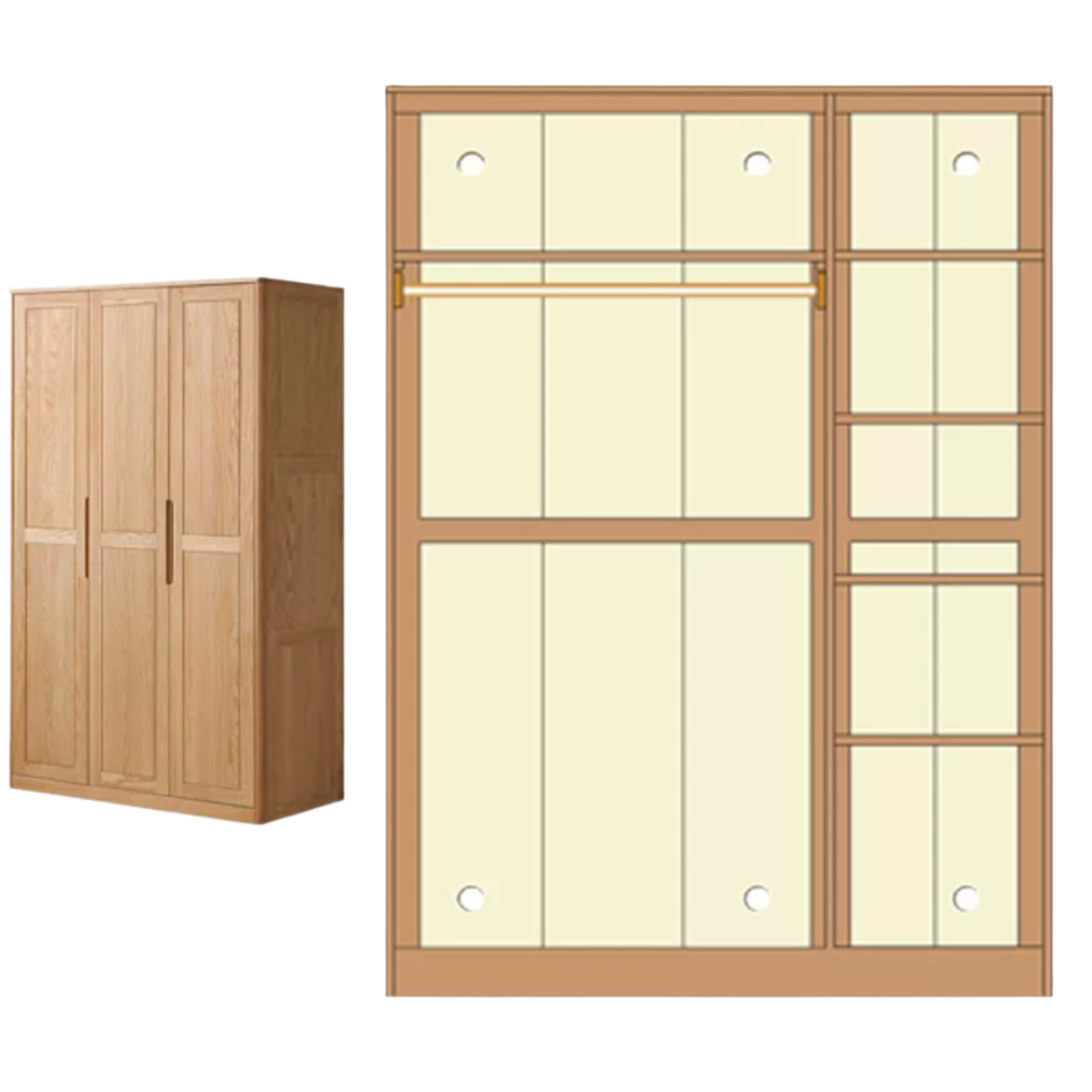 Oak solid wood Wardrobe with Flat Panel Doors and Groove Handles