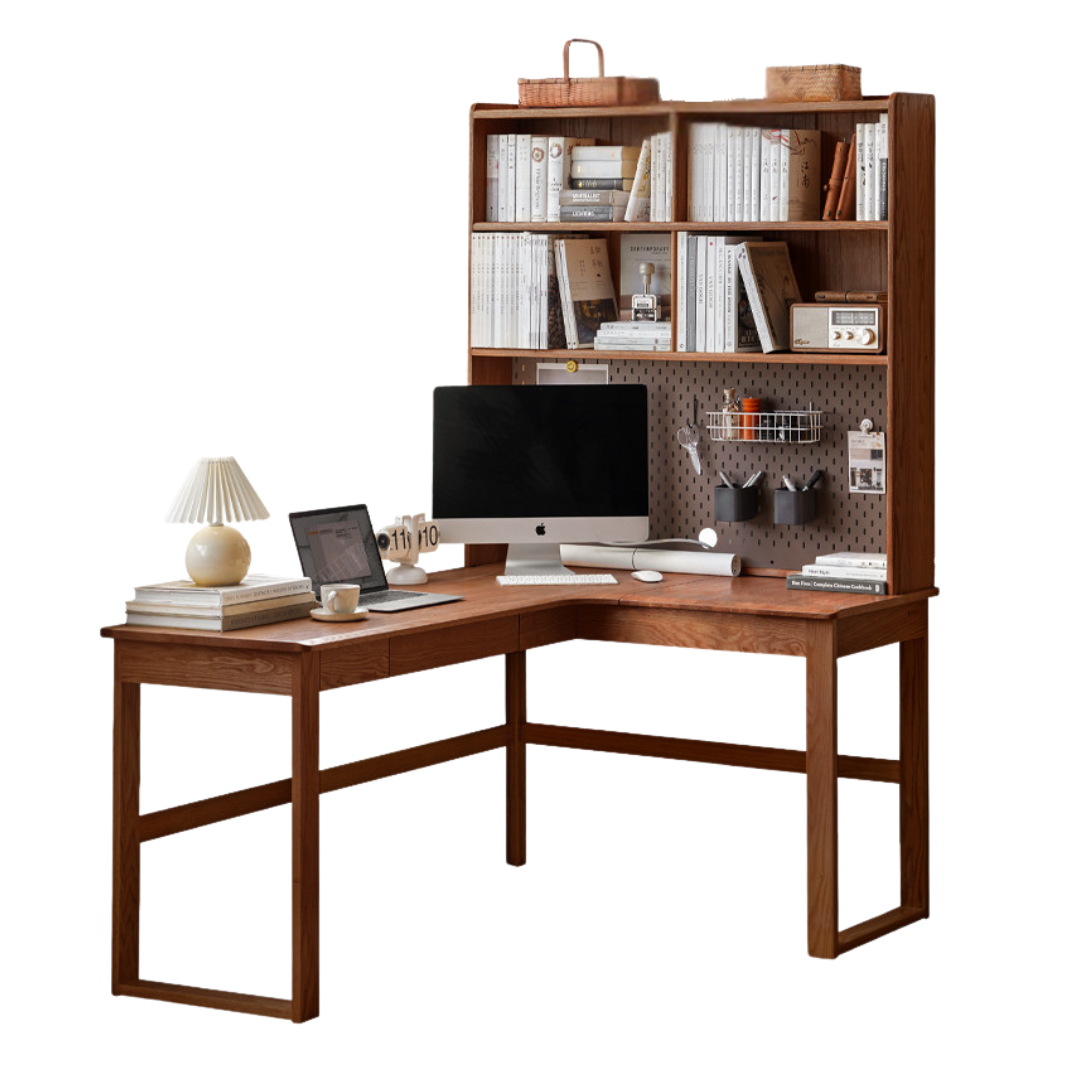 Black Walnut, Oak Solid Wood Corner Desk Bookshelf