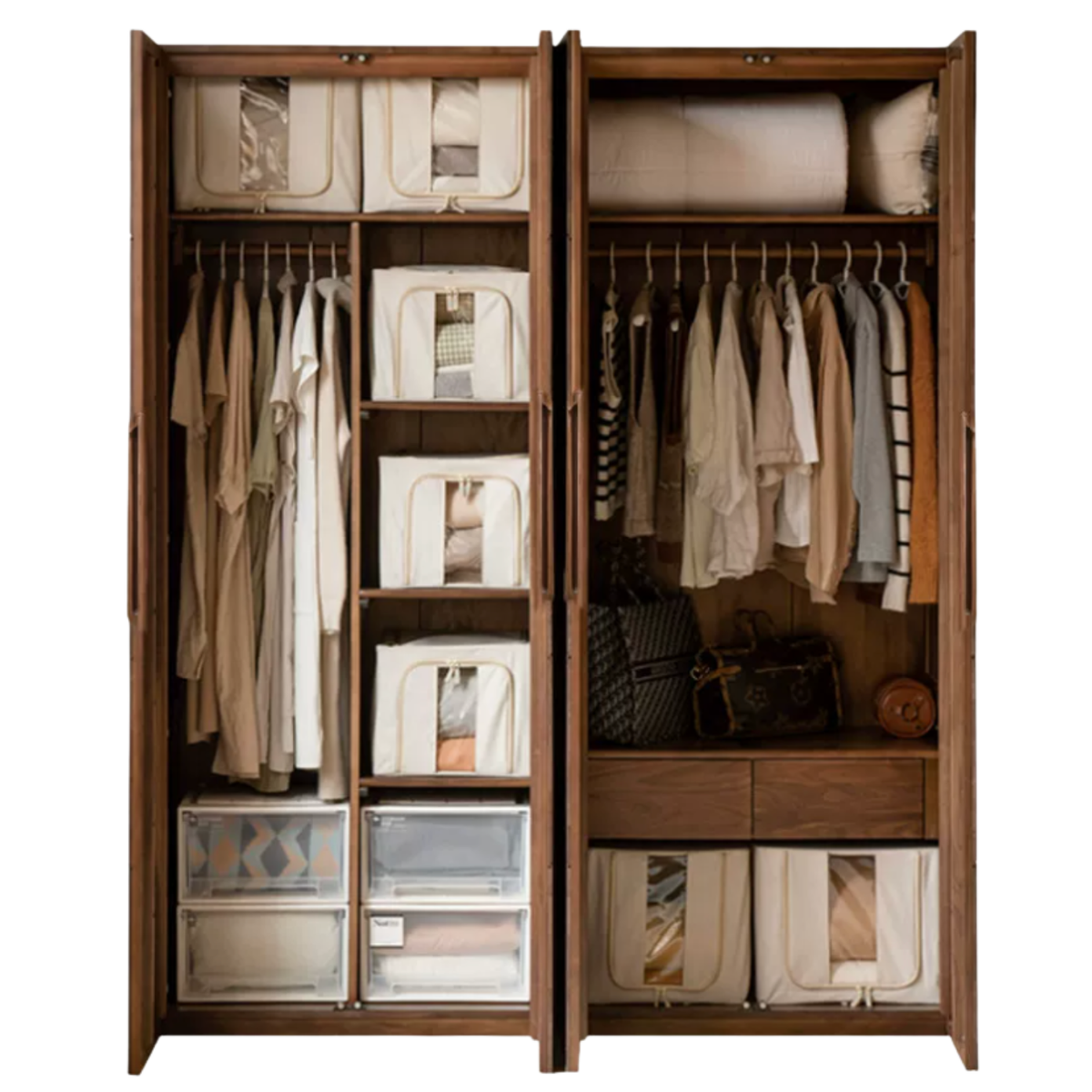 Black Walnut Solid Wood Floor-to-Ceiling Wardrobe with Handleless Flat Panel Doors