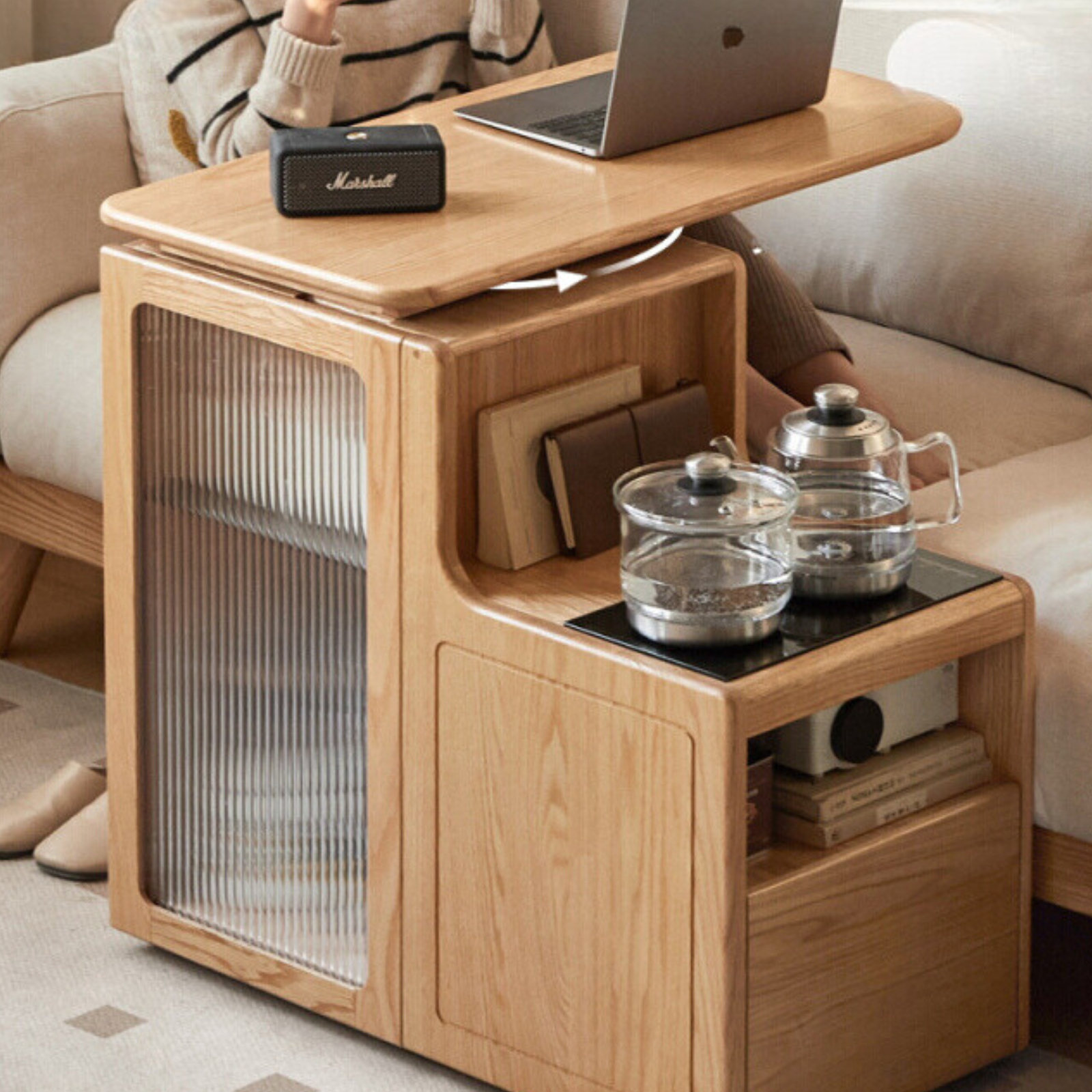 Oak, Black walnut solid wood movable tea cabinet with tea maker