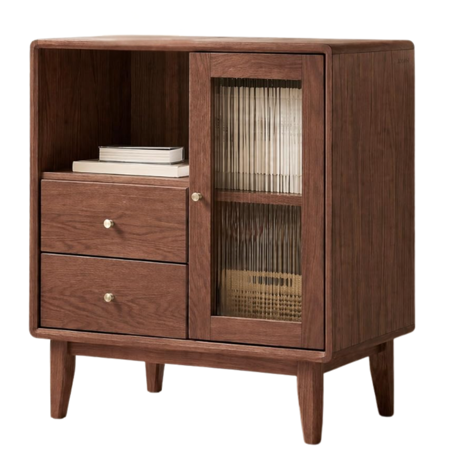 Solid Rubberwood Accent Cabinet with Fluted Glass Door and Tapered Legs