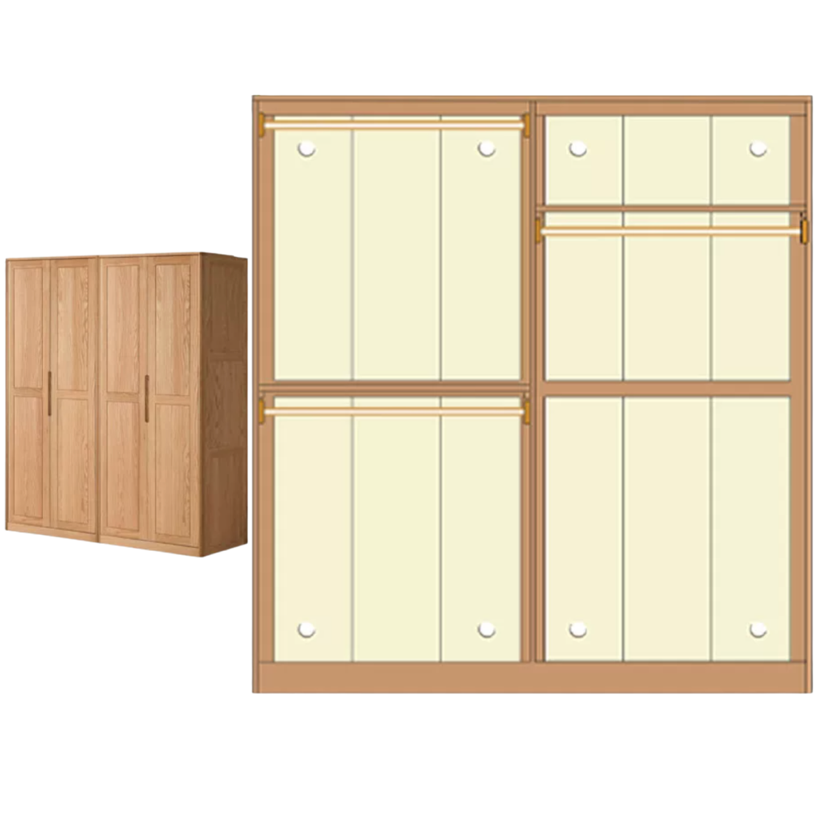 Oak solid wood Wardrobe with Flat Panel Doors and Groove Handles