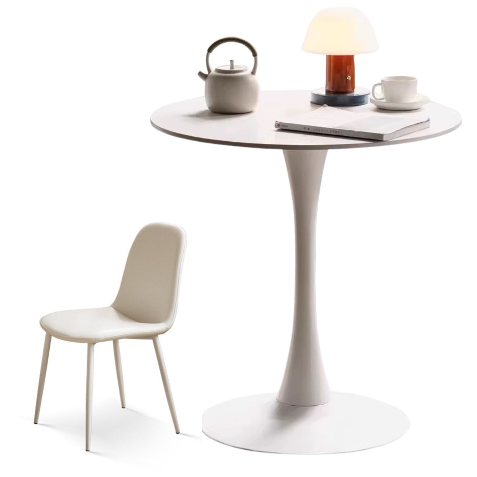 Rock slab top Small round dining table pure white,