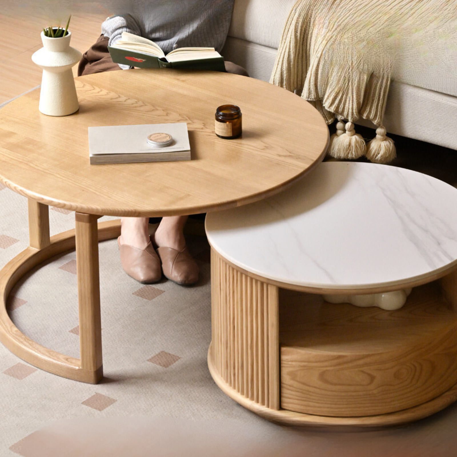 Ash solid wood modern rock plate round table coffee