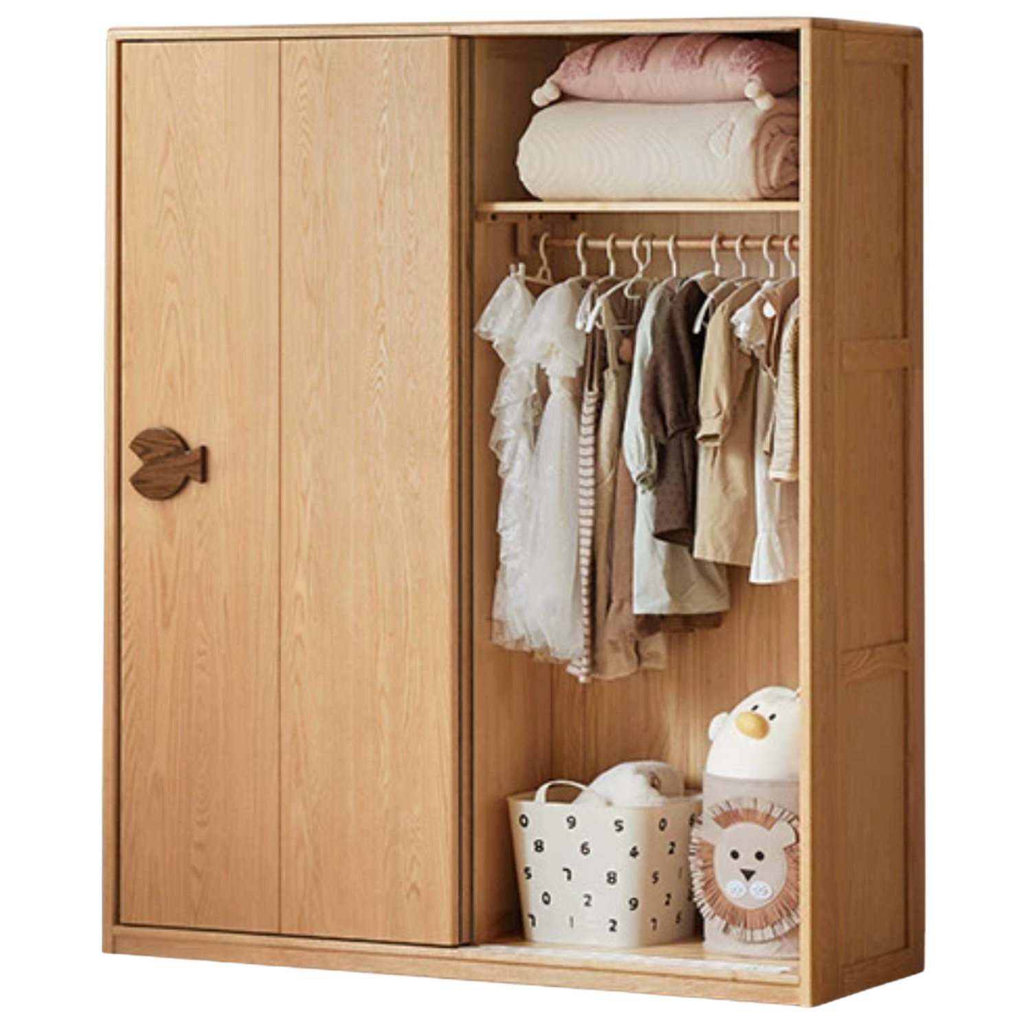 Oak Solid Wood Children's Sliding Door Wardrobe Storage Cabinet