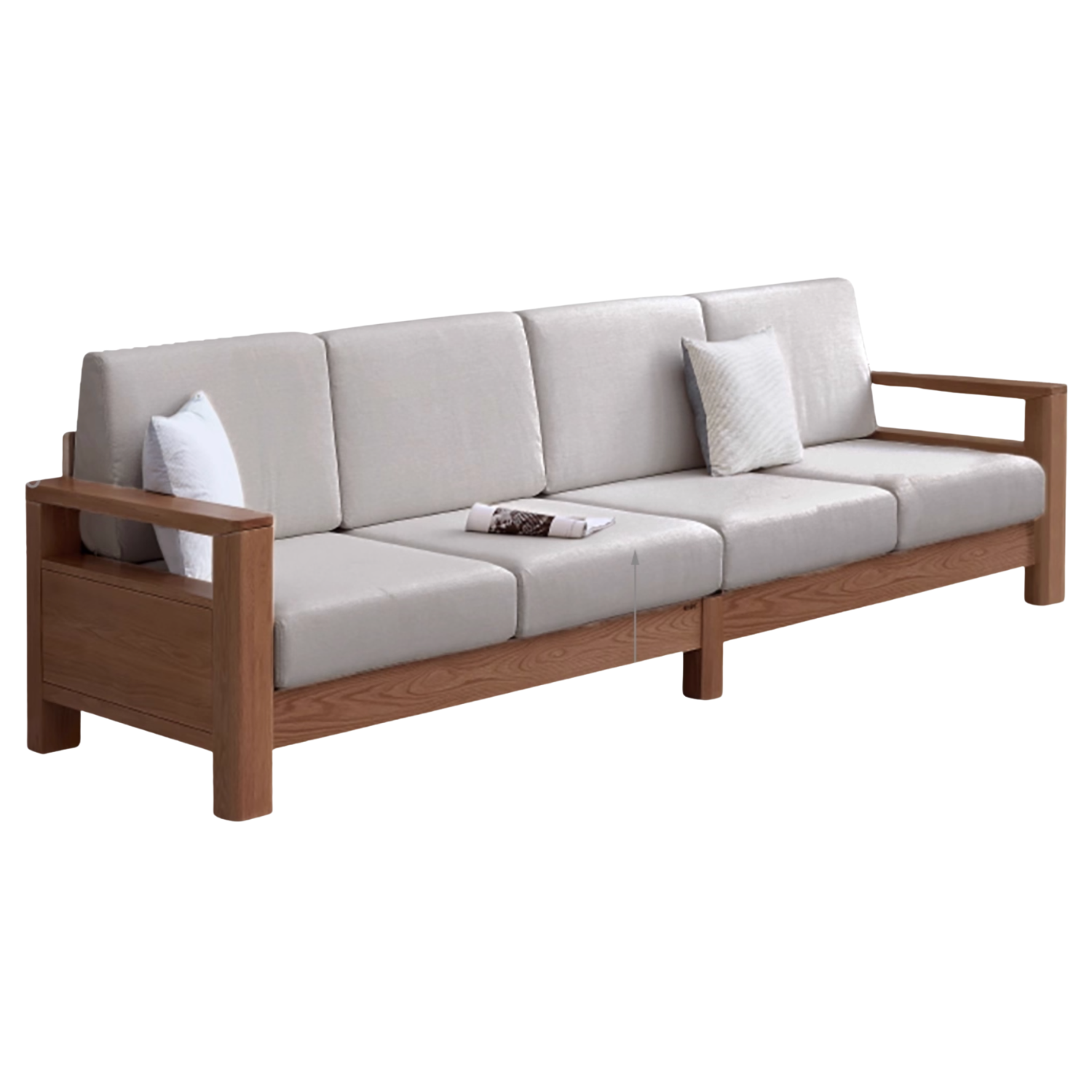 Oak, Solid Rubberwood Walnut Color Fabric Sofa.