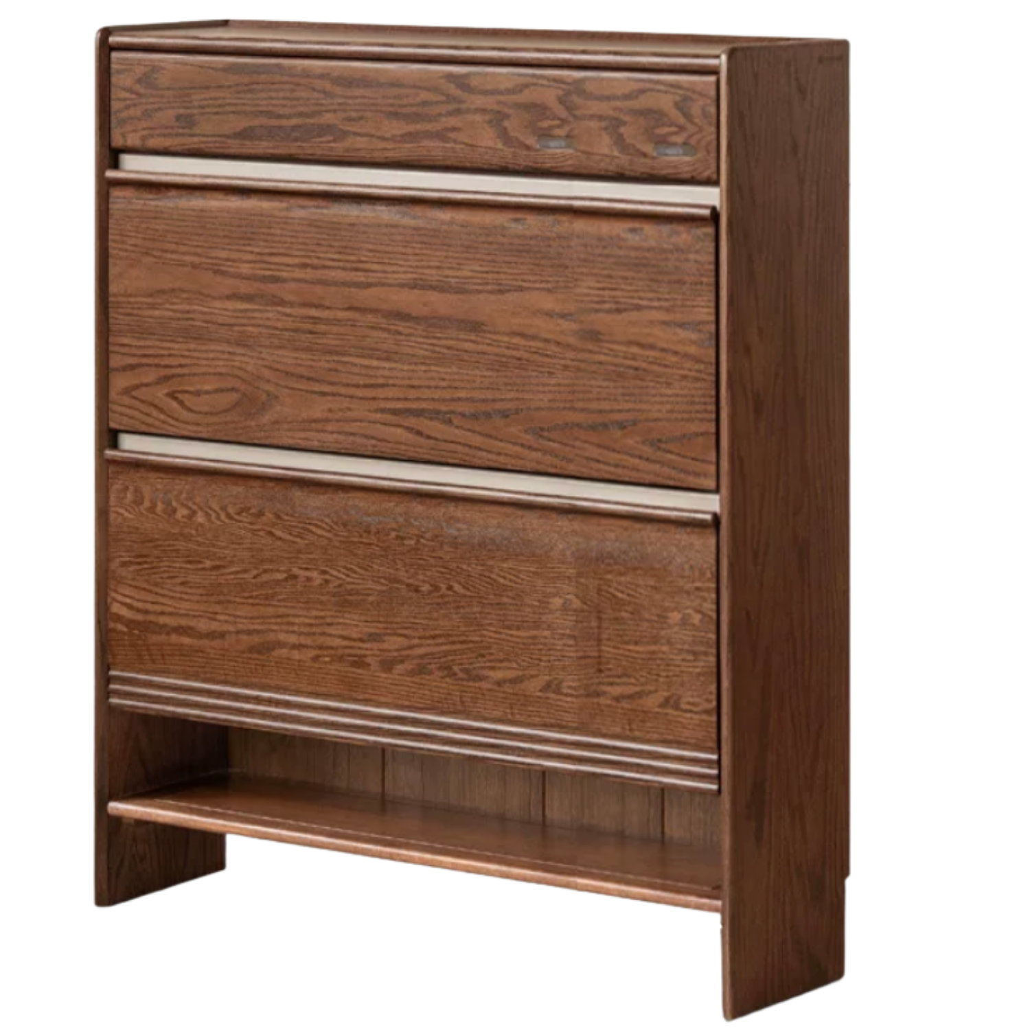 Oak Solid Wood Modern Shoe Cabinet with Flip Drawers and Open Shelf