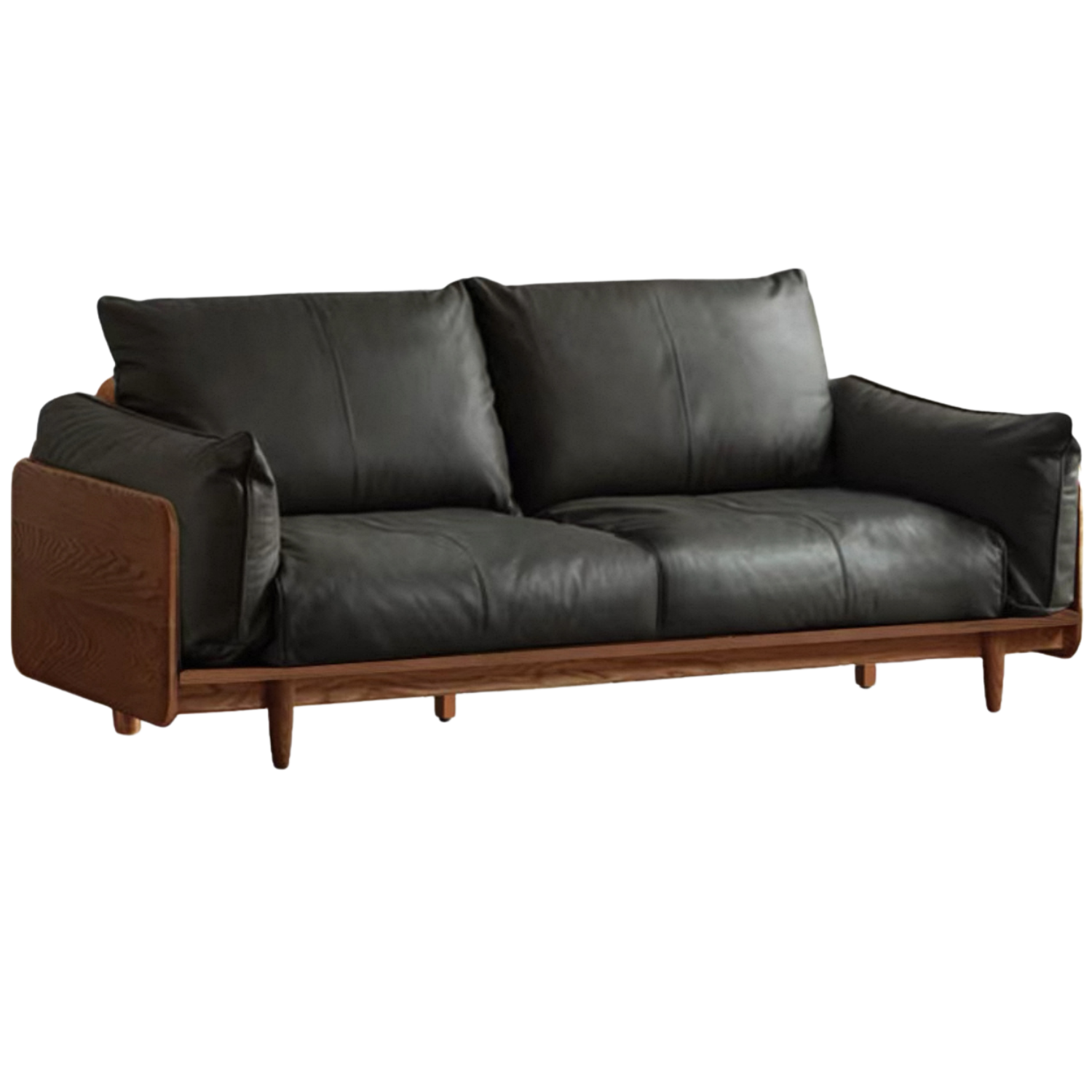 Oak, Ash Solid Wood Sofa with Exposed Wide Arms, High-Back, Genuine leather -fabric