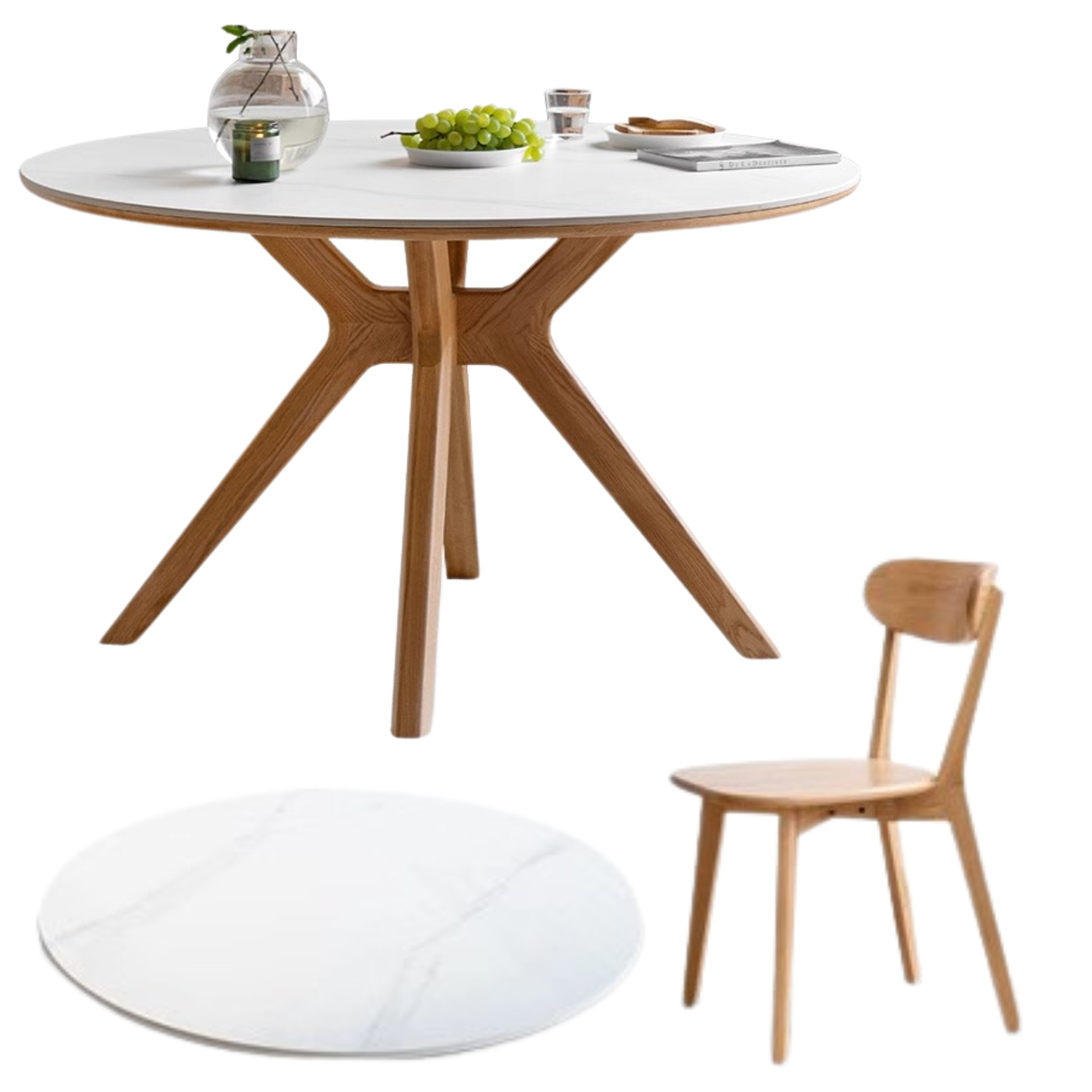 Oak solid Wood Round Nordic dining table with rock slab surface,