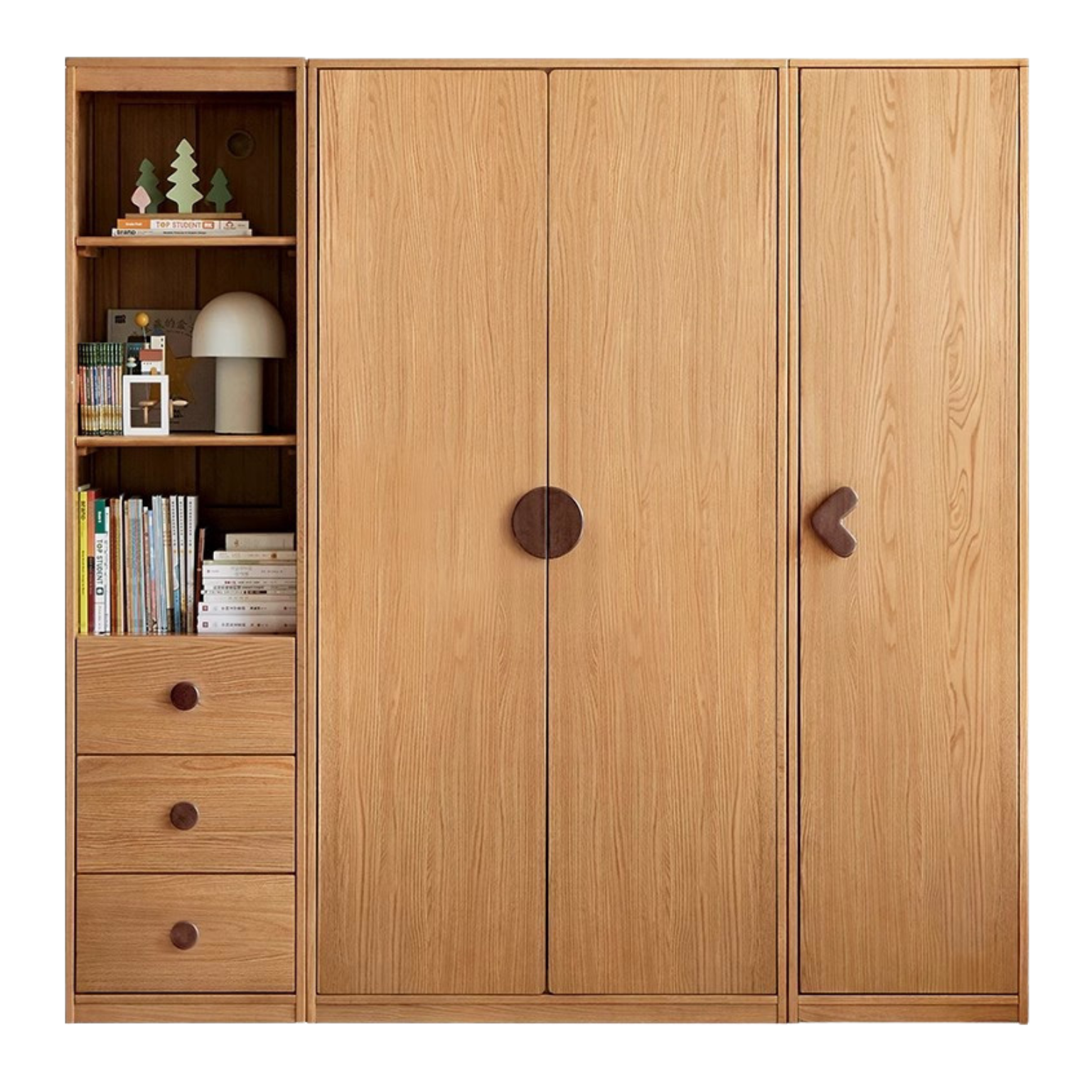 Oak Solid Wood Children's Wardrobe, Bookcase Combination