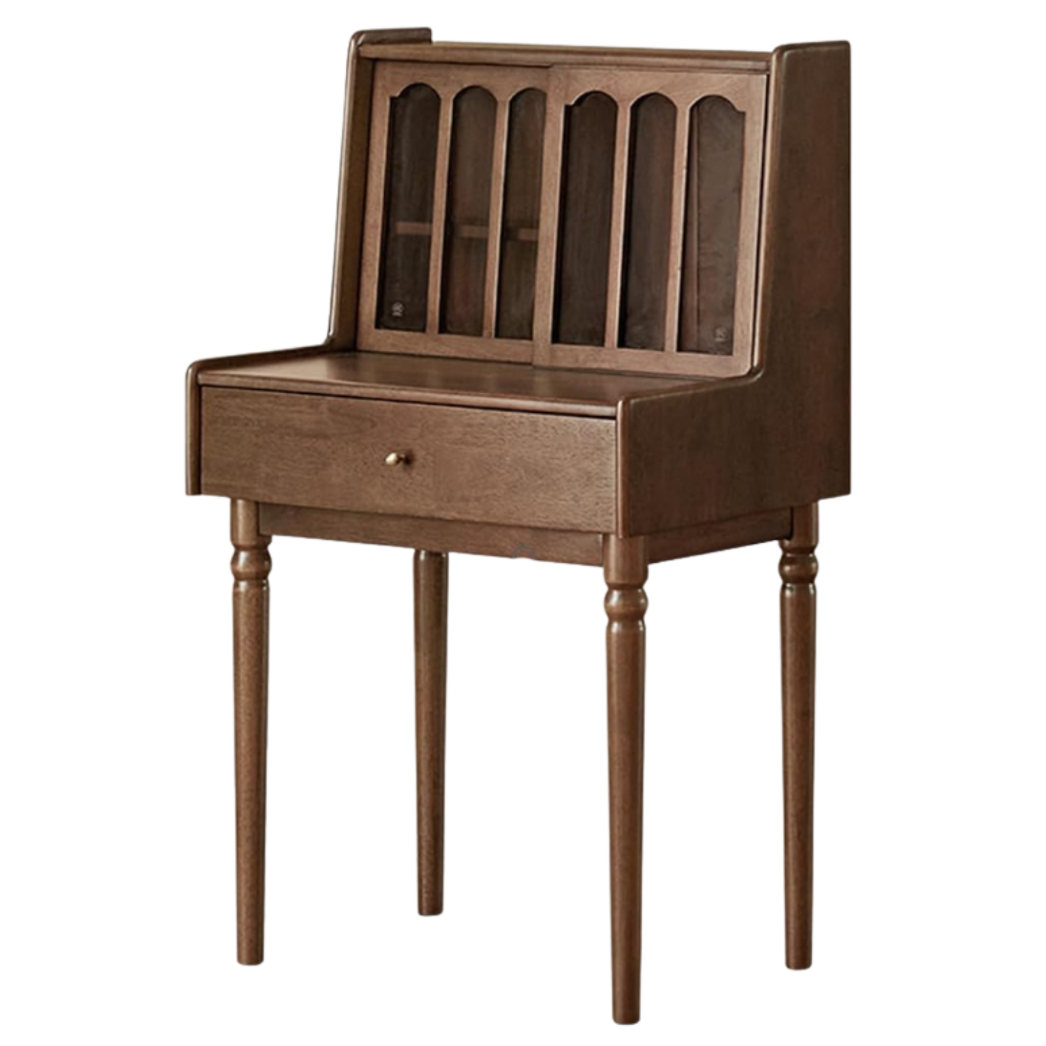 Rubberwood, Poplar Solid Wood Vintage Secretary Vanity Desk with Glass Doors and Turned Legs