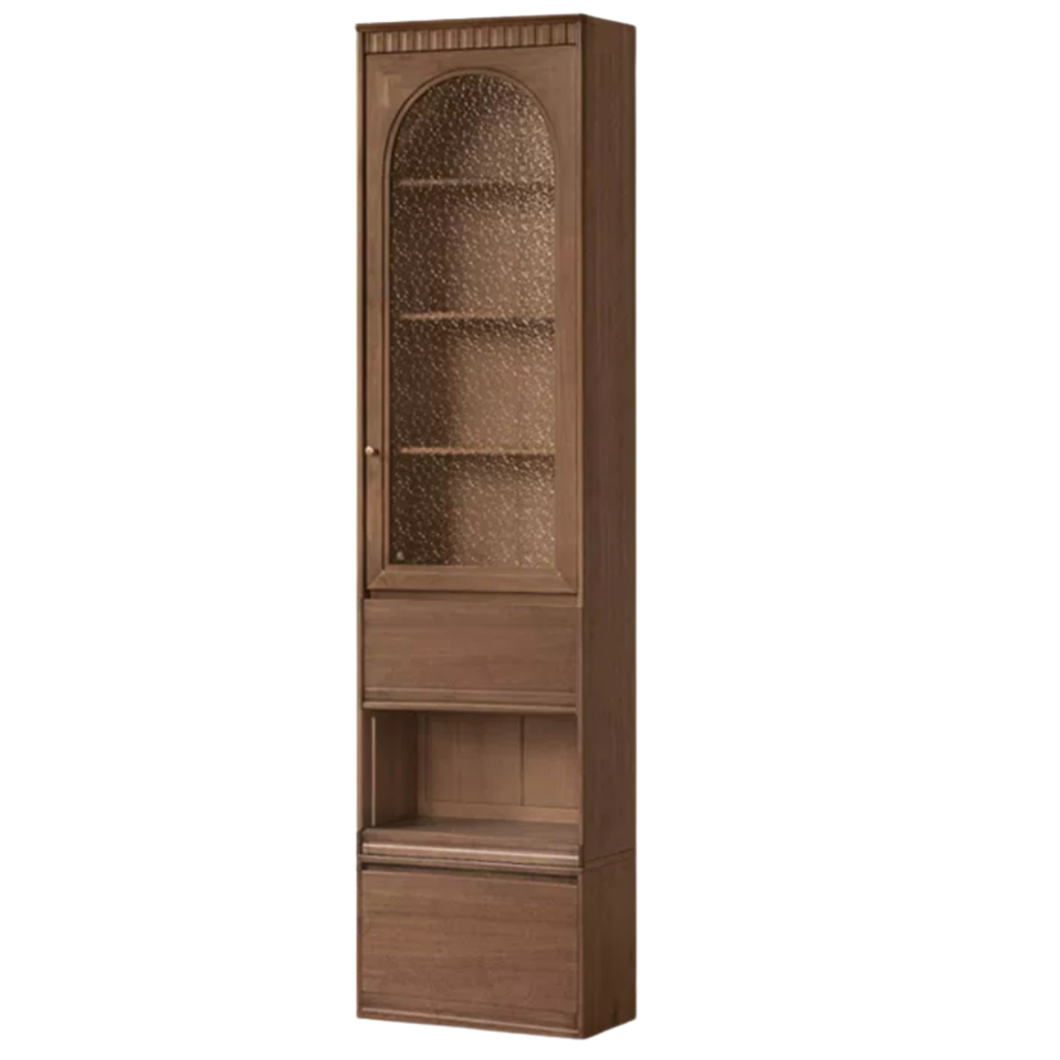 Black Walnut, Solid Sandalwood Arched Vintage Bookcase with Glass Door and Storage Drawer