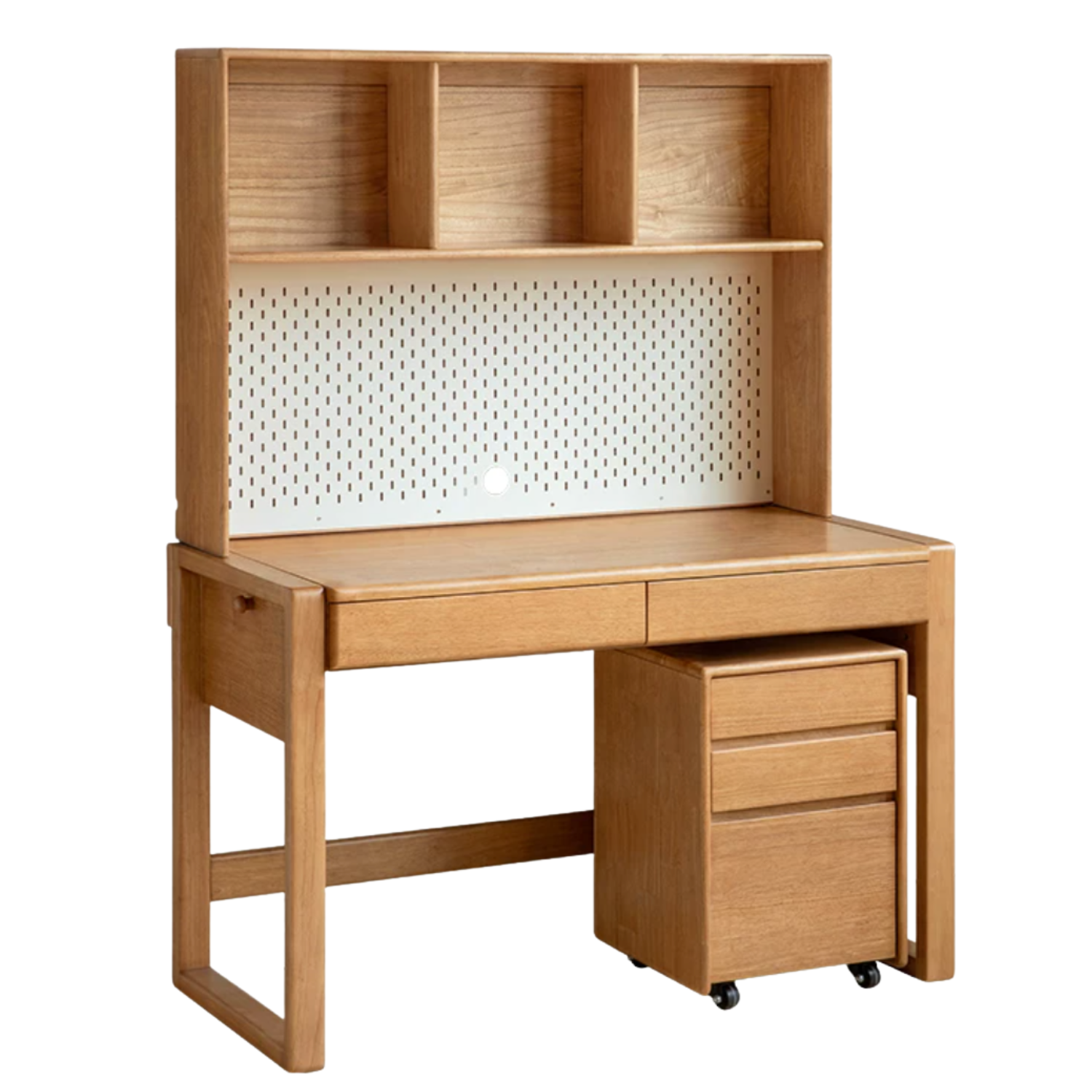 Beech, Solid Rubberwood Adjustable Height Children's Study Desk With Integrated Bookshelf