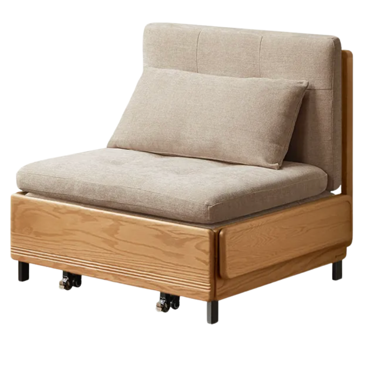 Oak Solid Wood Sleeper Sofa Chair Bed with Attached Fold-Out Side Tray