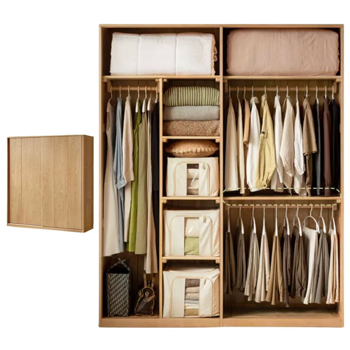 Ash Solid Wood Sliding Door Wardrobe with Built-In Shelves and Drawers