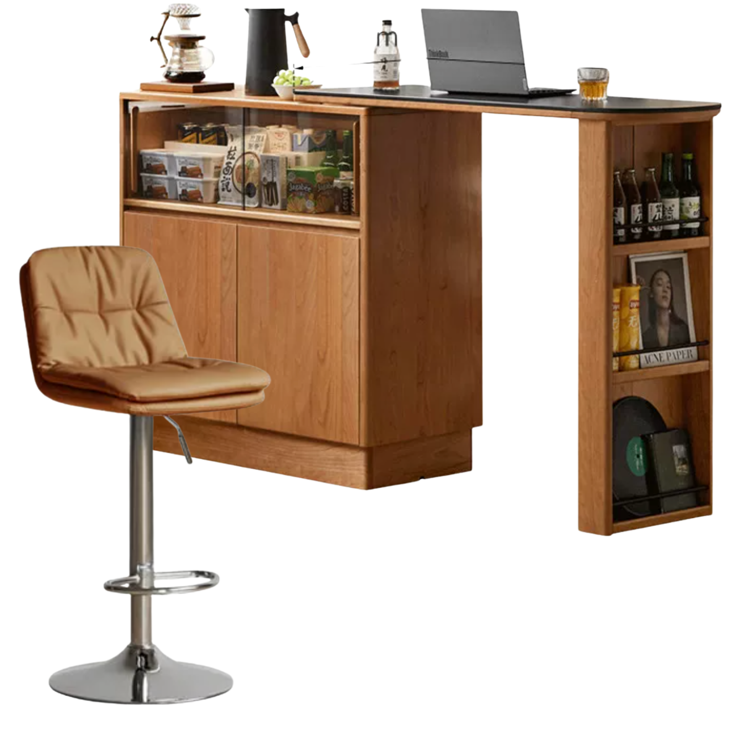 Cherry, Rubberwood Solid Wood Telescopic Bar Table