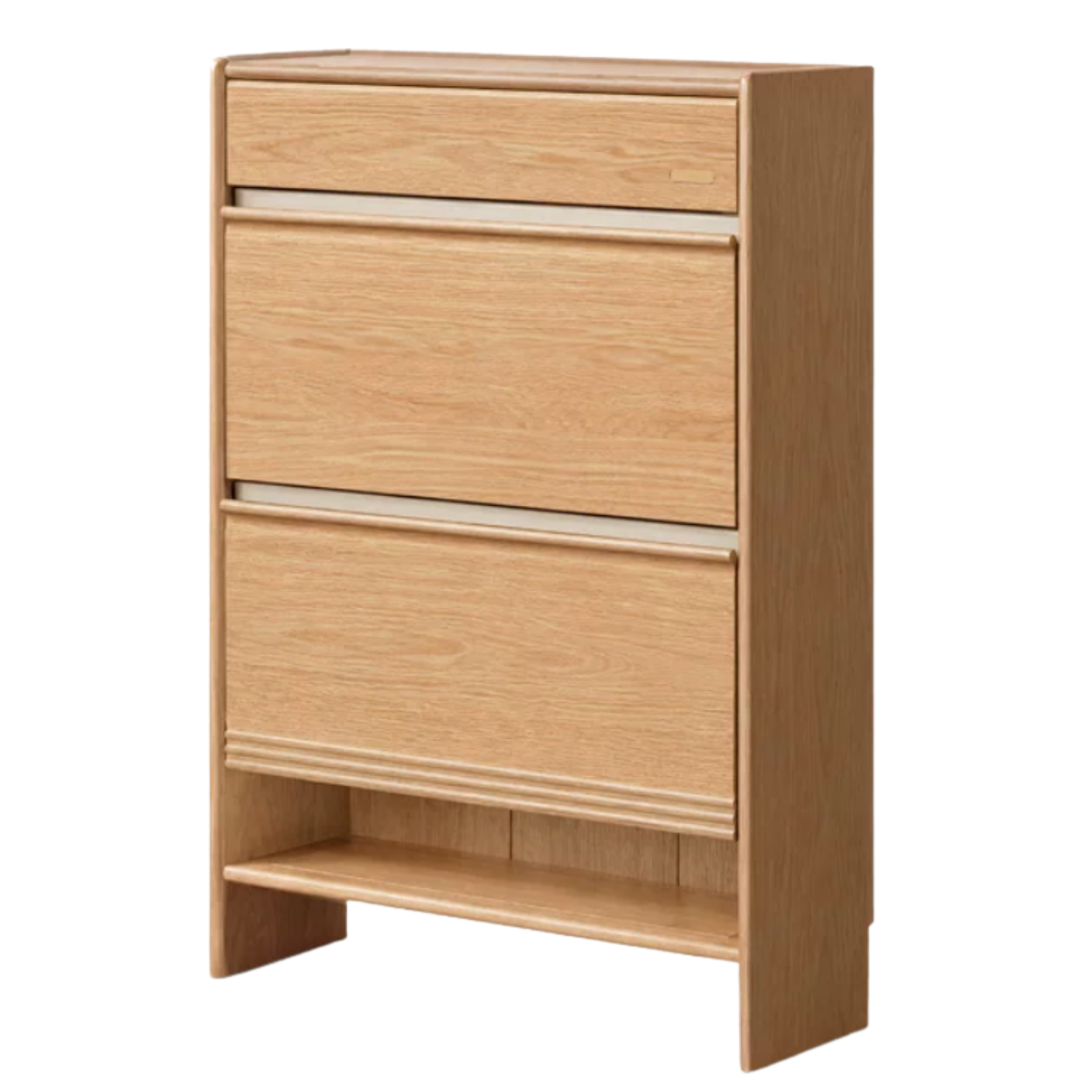 Oak Solid Wood Modern Shoe Cabinet with Flip Drawers and Open Shelf