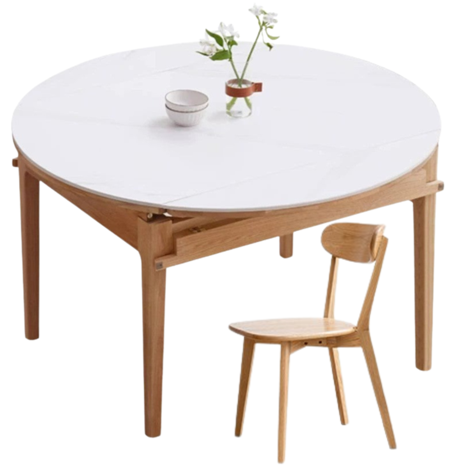 Oak Solid Wood Folding Round Retractable Dining Table