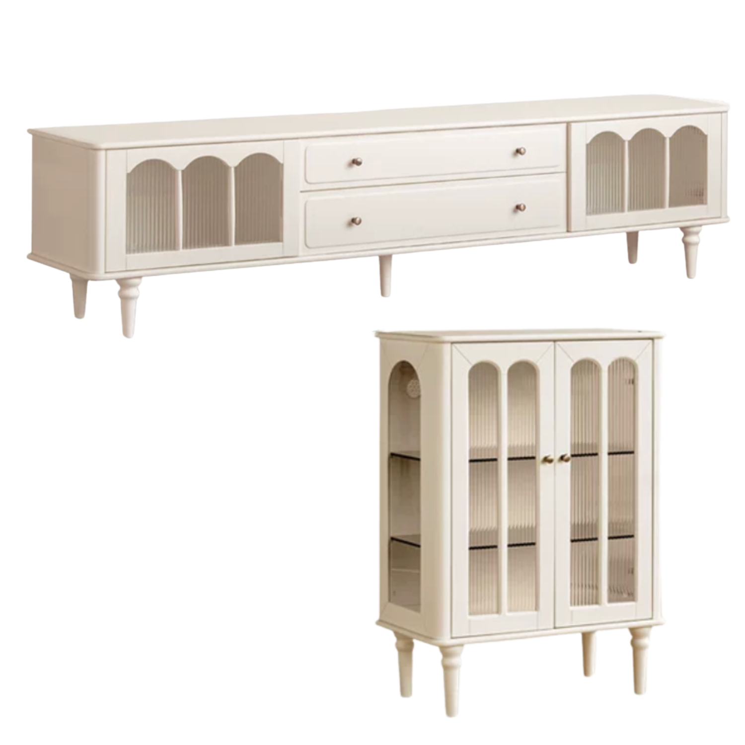 Solid Rubberwood TV Cabinet French Cream Style and Integrated Storage