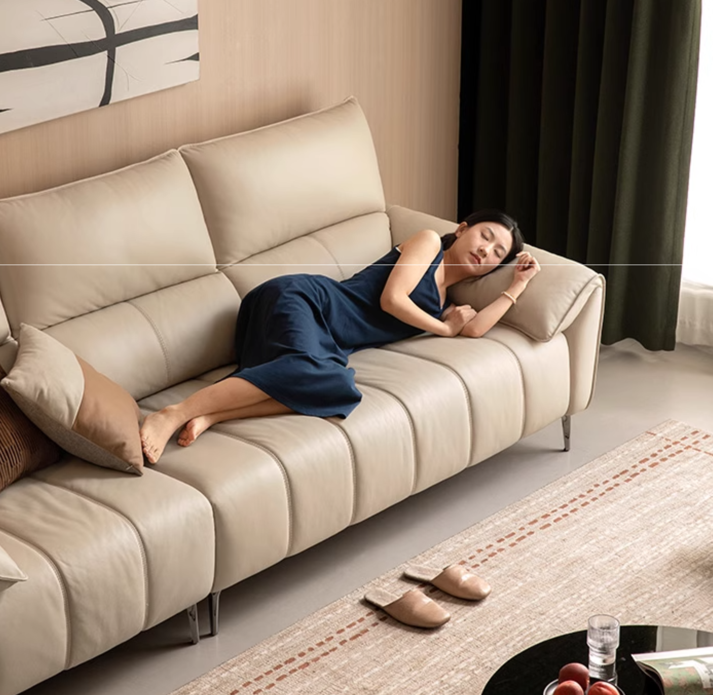 Genuine Leather Cream Sofa, Piano Key Design