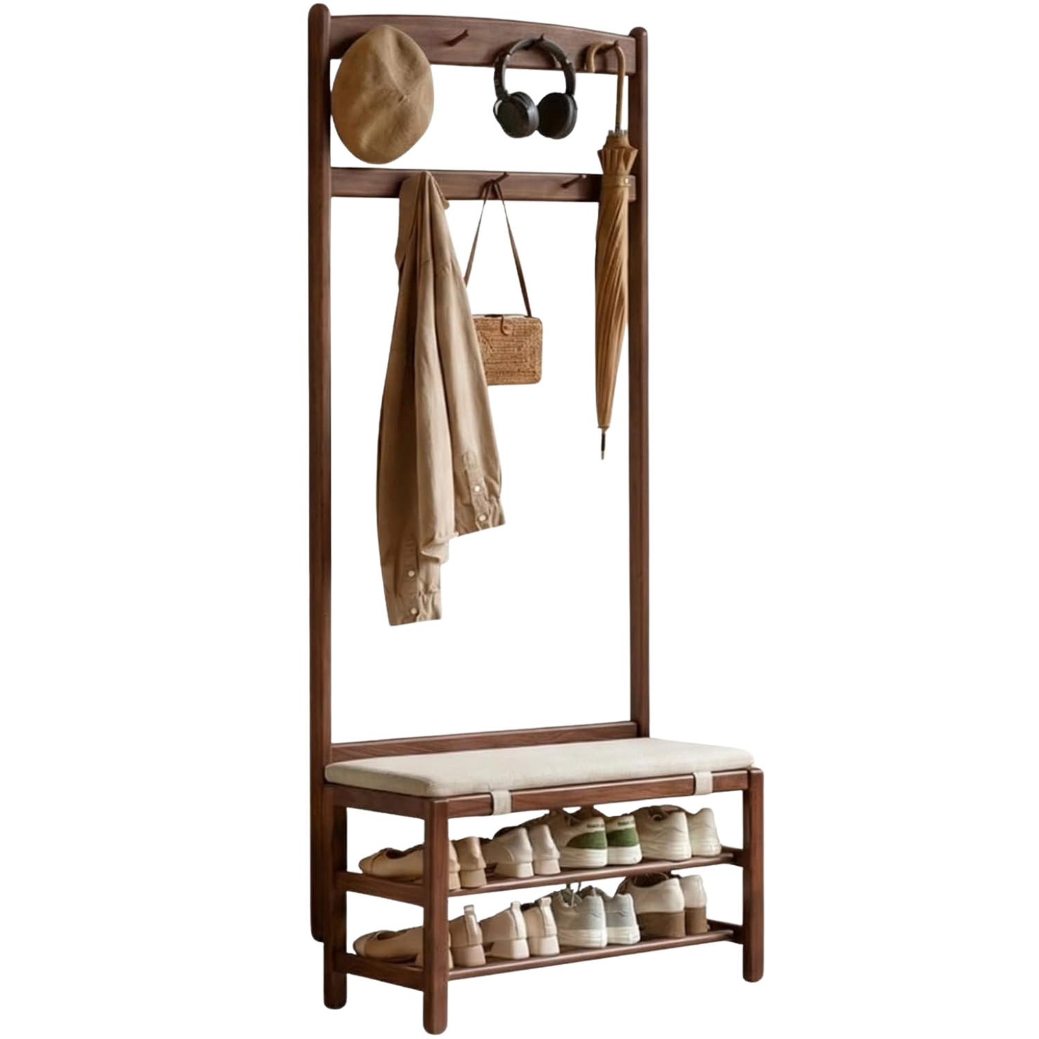 Oak Solid Wood Hall Tree with Upholstered Shoe Storage Bench