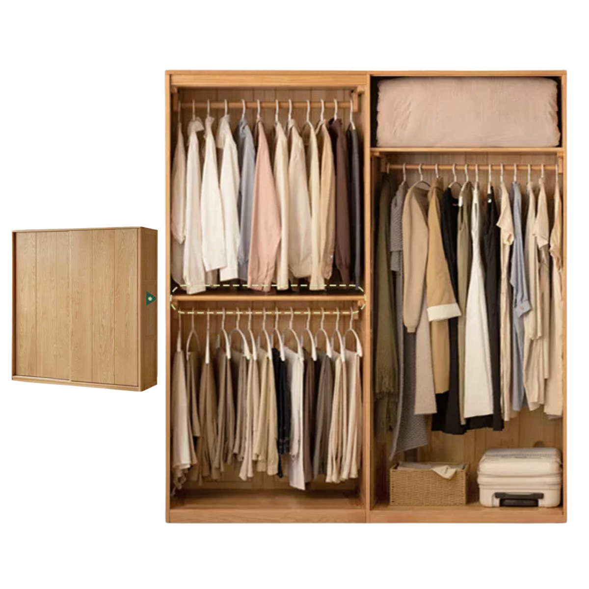 Ash Solid Wood Sliding Door Wardrobe with Built-In Shelves and Drawers