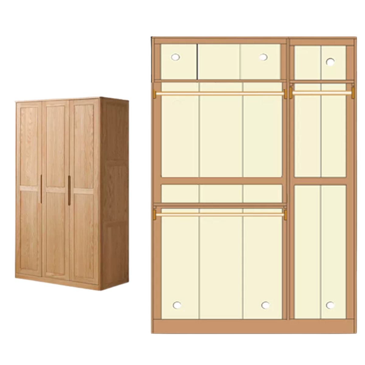 Oak Solid Wood narrow Wardrobe with Framed Panel Doors and Adjustable Layout
