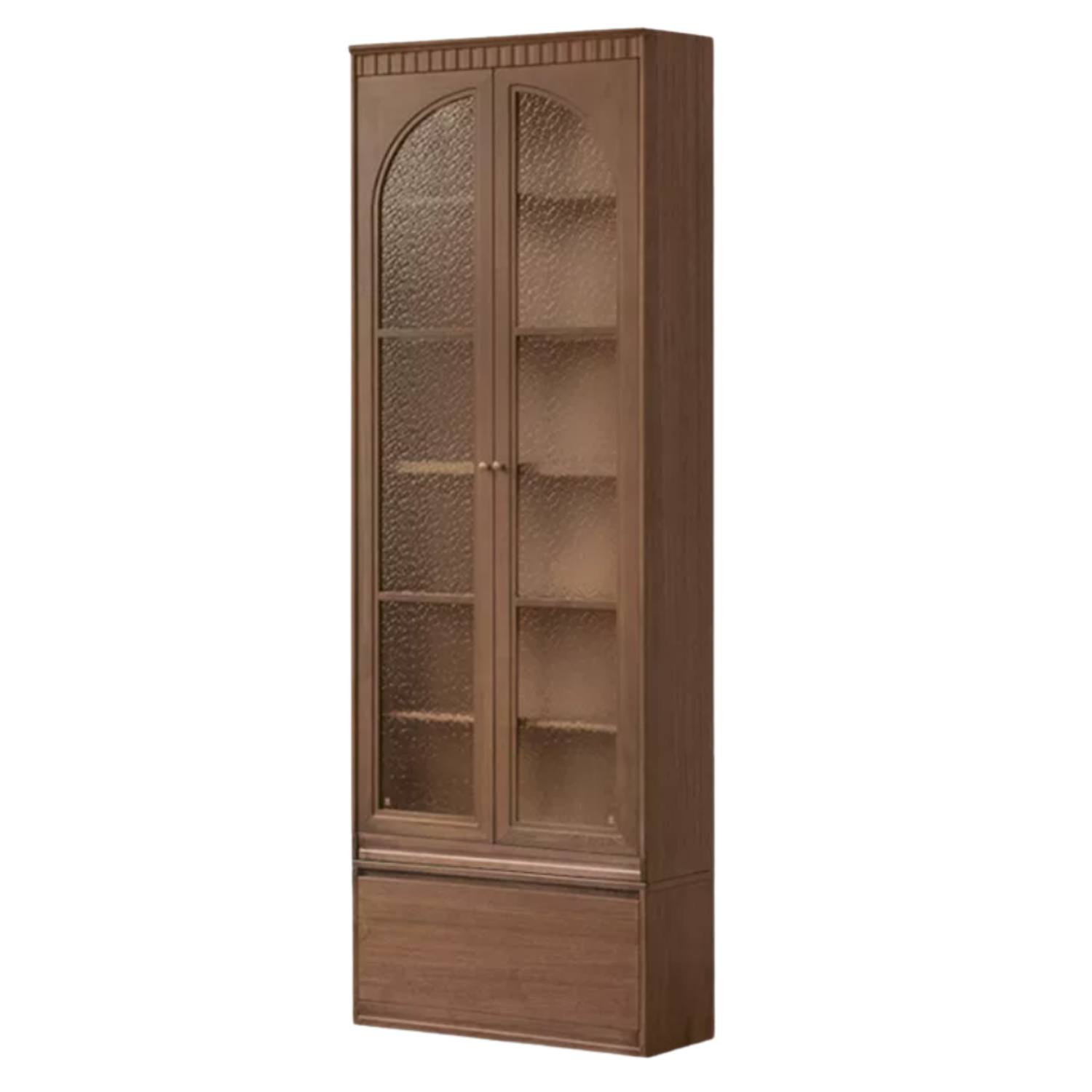 Black Walnut, Solid Sandalwood Arched Vintage Bookcase with Glass Door and Storage Drawer