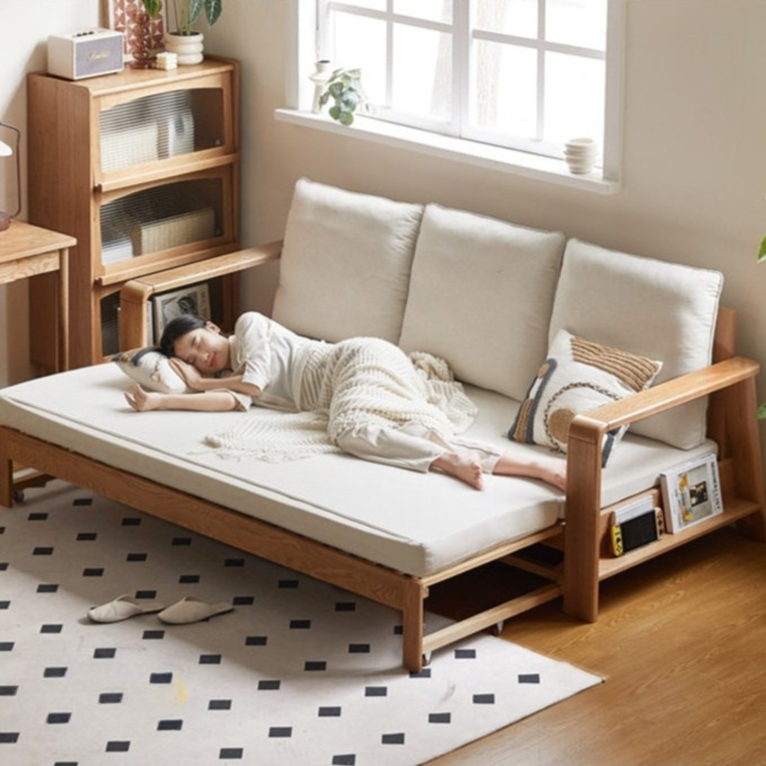 Oak Solid Wood Nordic Telescopic Sofa Bed